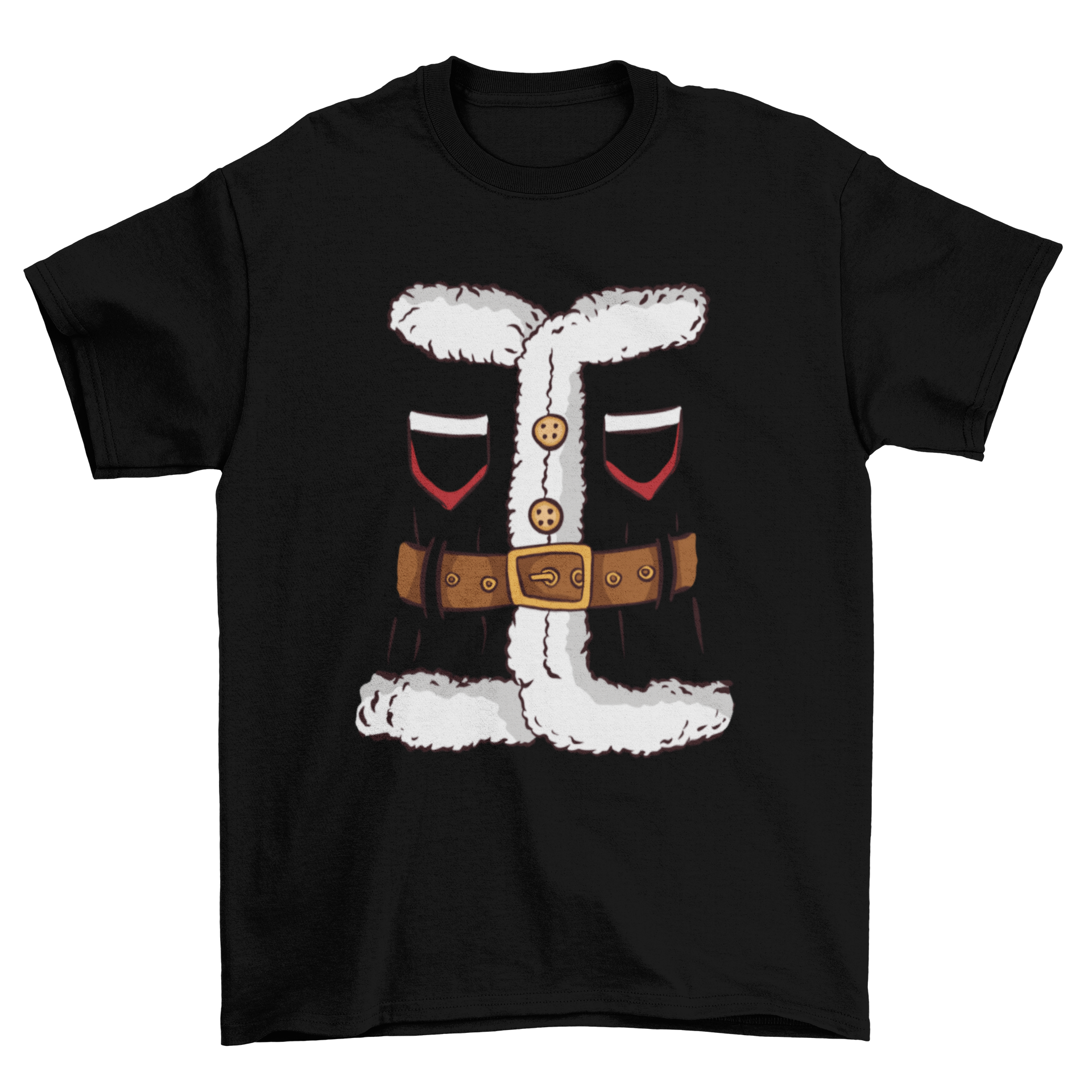 A vibrant t-shirt design featuring Santa Claus' costume, perfect for holiday celebrations.