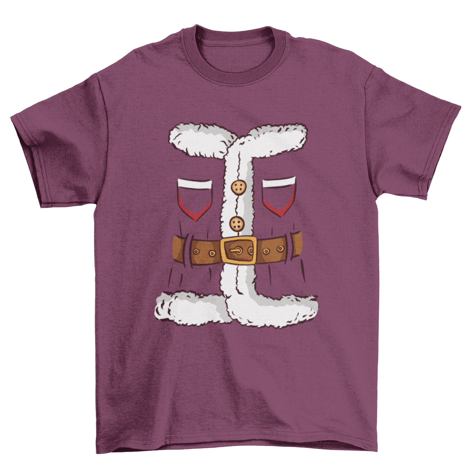 A vibrant t-shirt design featuring Santa Claus' costume, perfect for holiday celebrations.