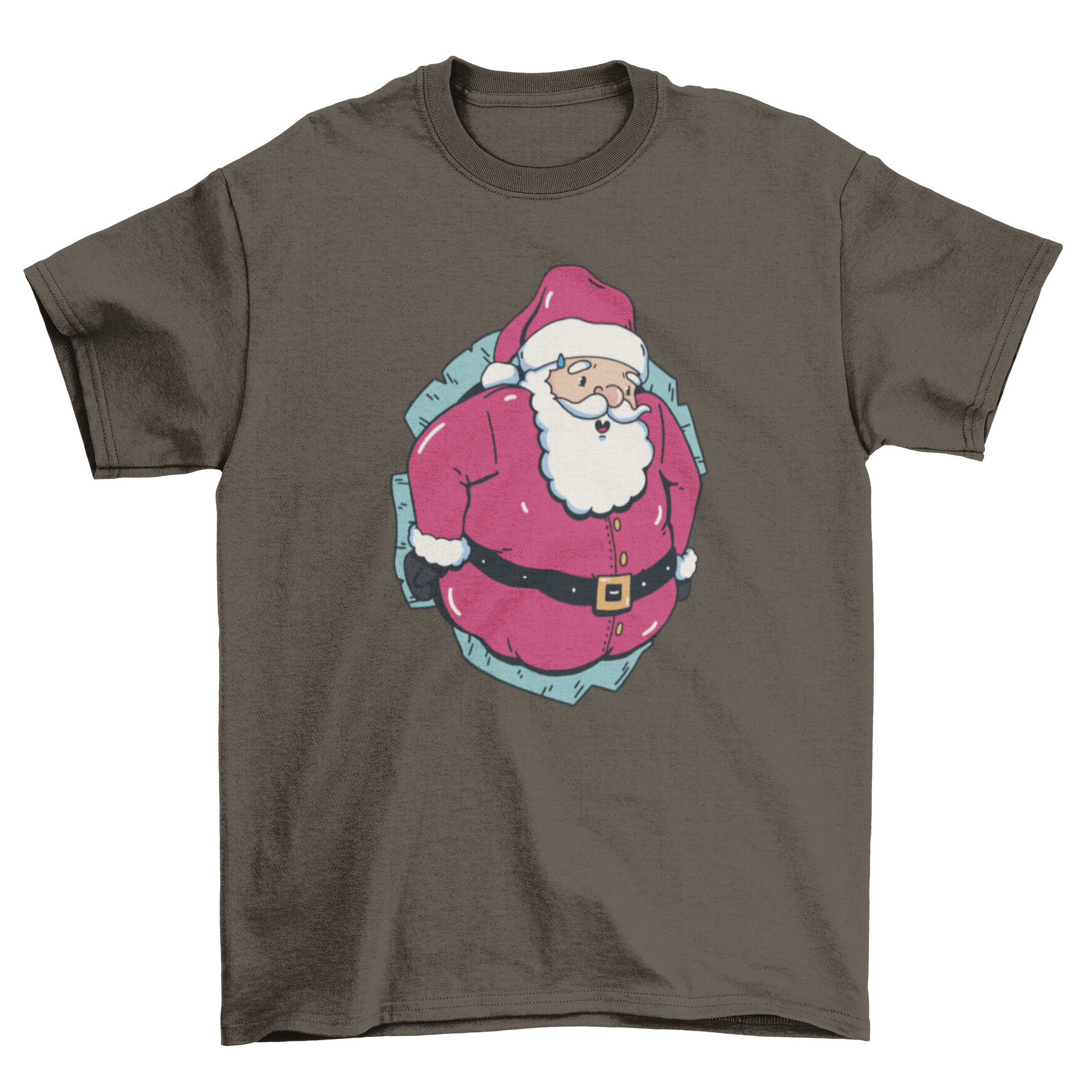 A festive Christmas t-shirt featuring Santa Claus playfully emerging from a hole, perfect for holiday celebrations.