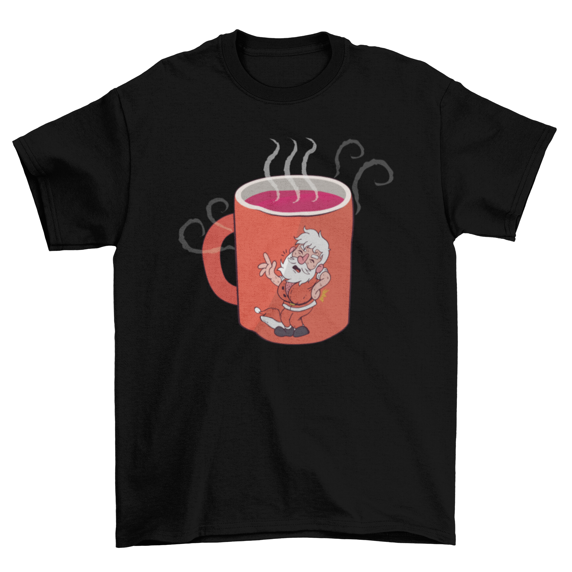 A festive Santa Claus Mug T-shirt featuring a colorful design of Santa inside a mug, perfect for holiday celebrations.