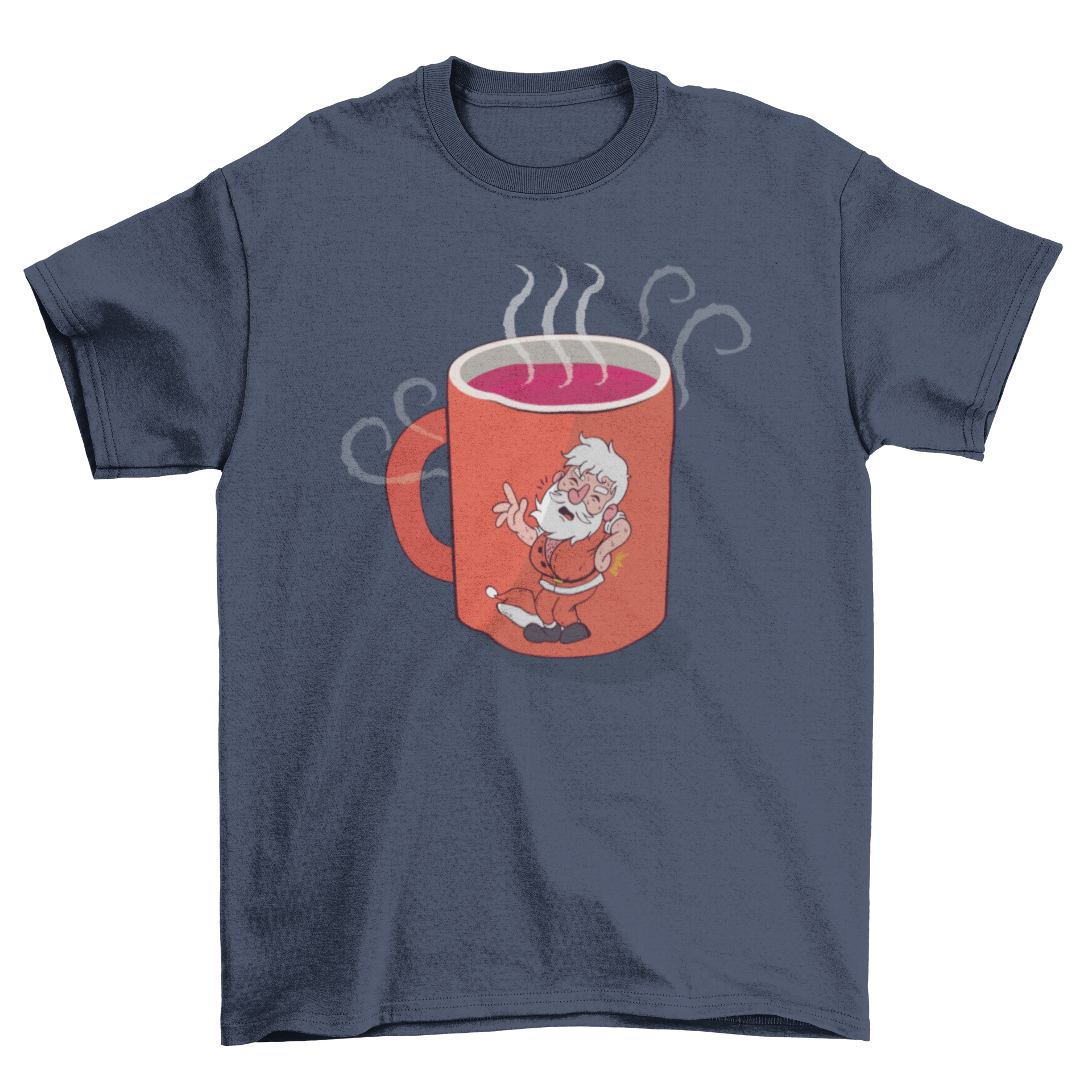 A festive Santa Claus Mug T-shirt featuring a colorful design of Santa inside a mug, perfect for holiday celebrations.