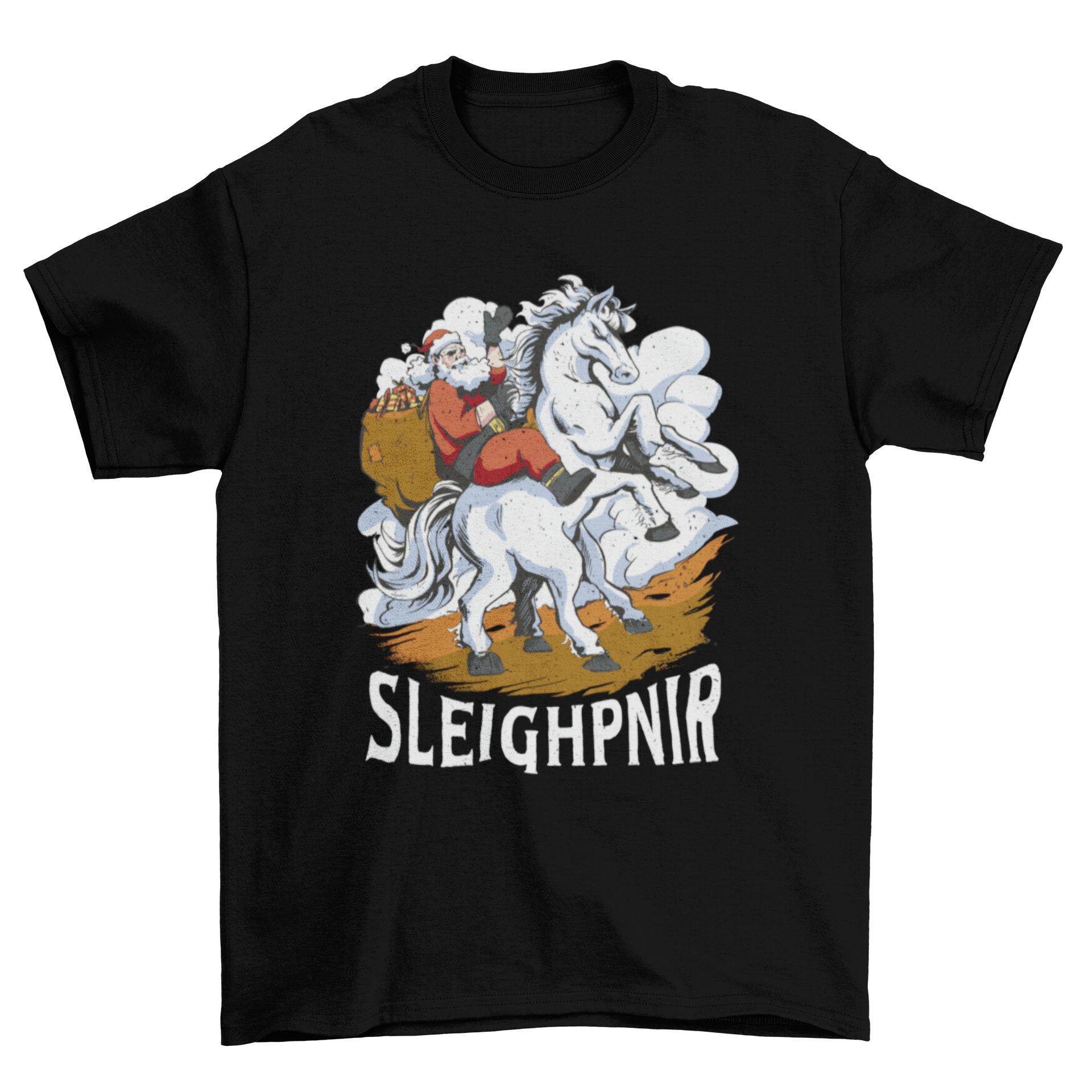 Santa Claus riding a mythical 8-legged horse t-shirt design with the quote Sleighpnir.