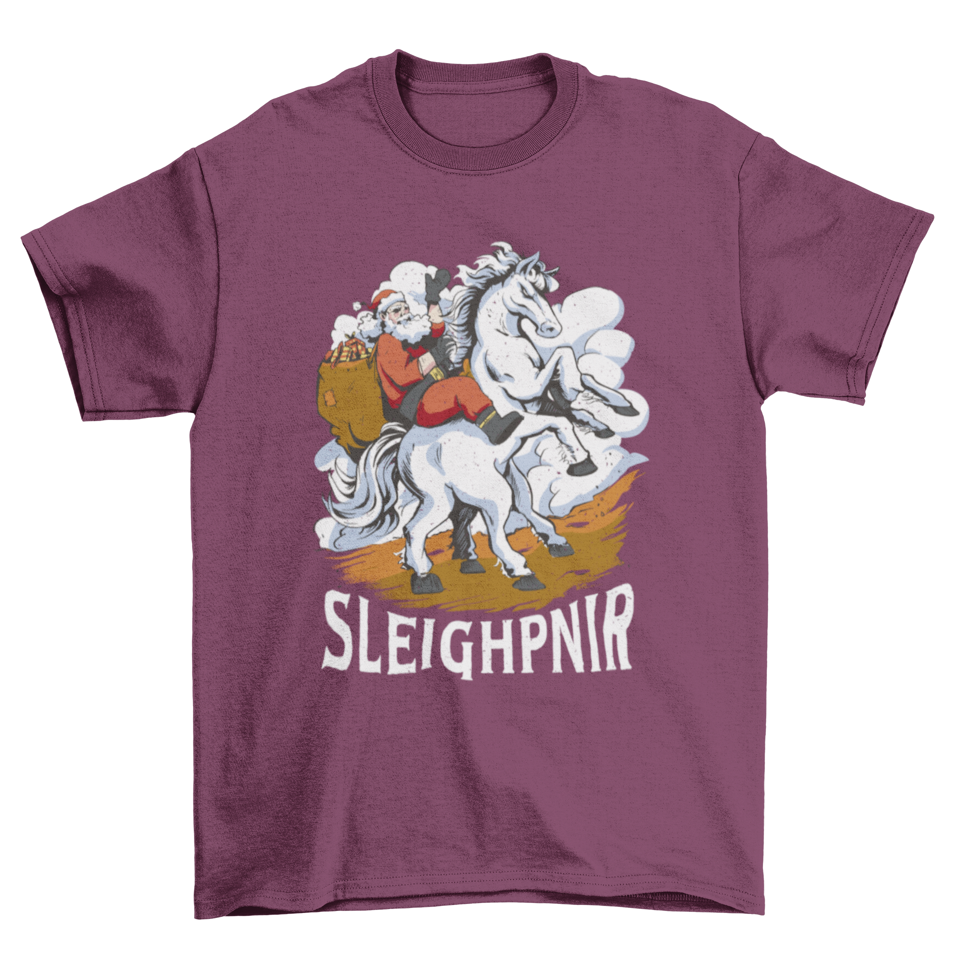 Santa Claus riding a mythical 8-legged horse t-shirt design with the quote Sleighpnir.