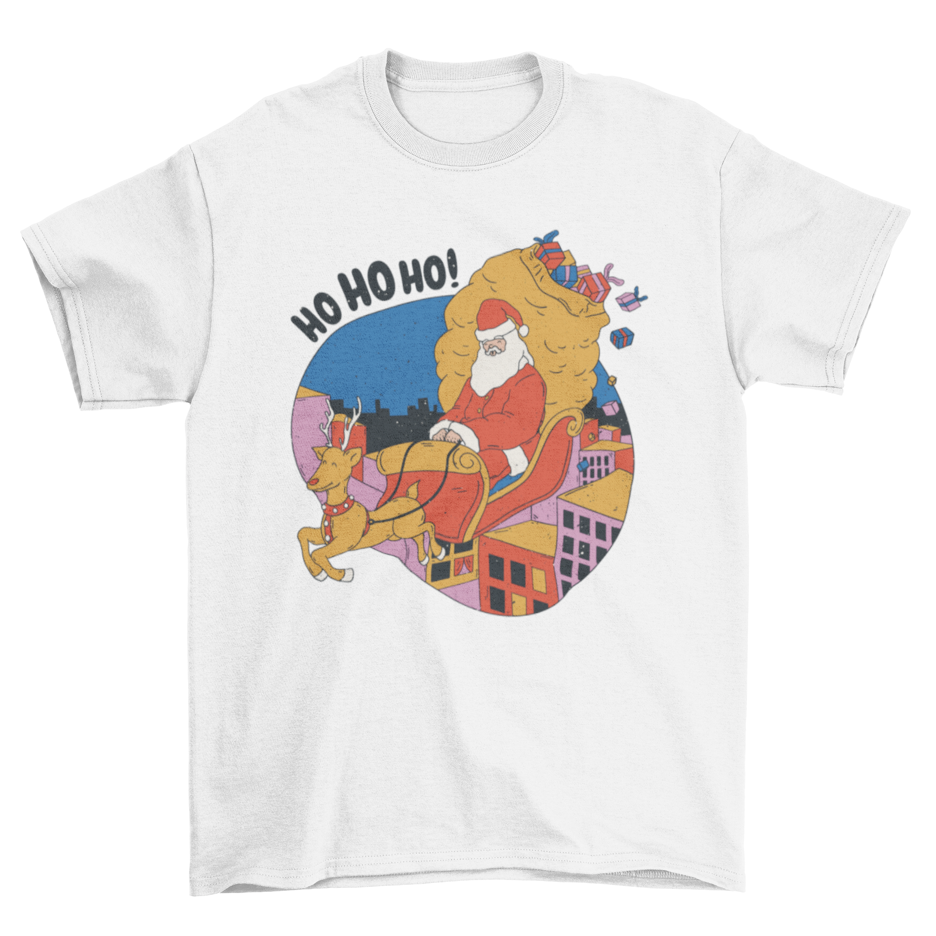 A festive t-shirt featuring Santa Claus flying on a sled over a city, carrying a bag of gifts.