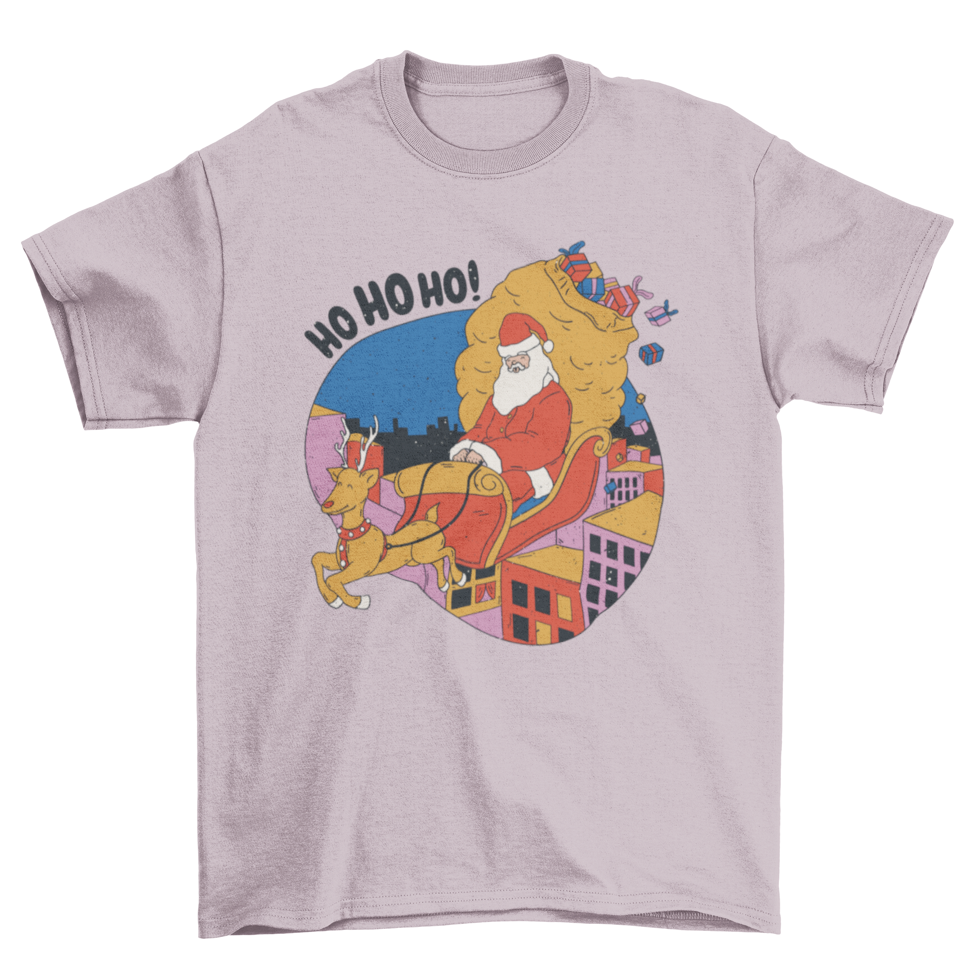 A festive t-shirt featuring Santa Claus flying on a sled over a city, carrying a bag of gifts.