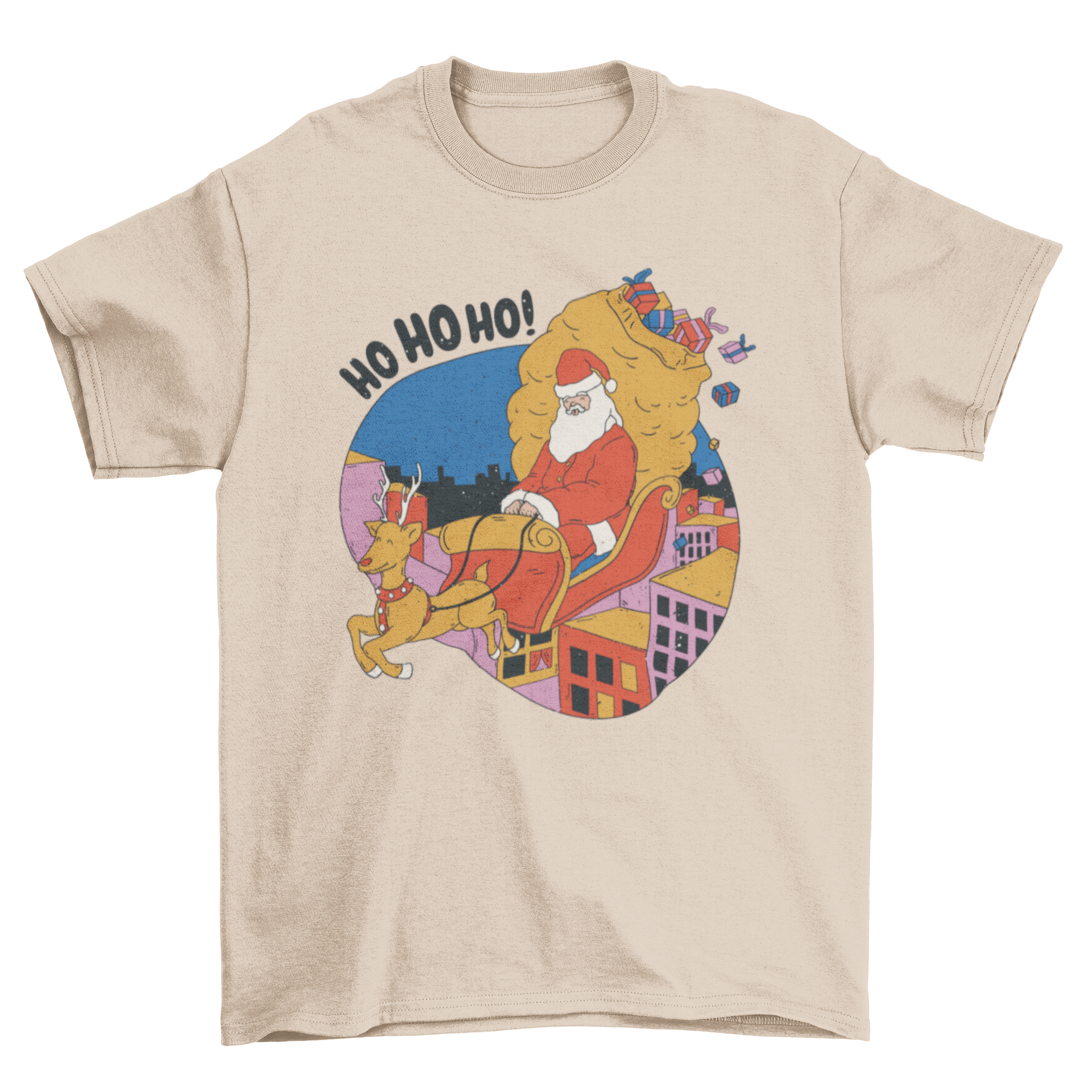 A festive t-shirt featuring Santa Claus flying on a sled over a city, carrying a bag of gifts.