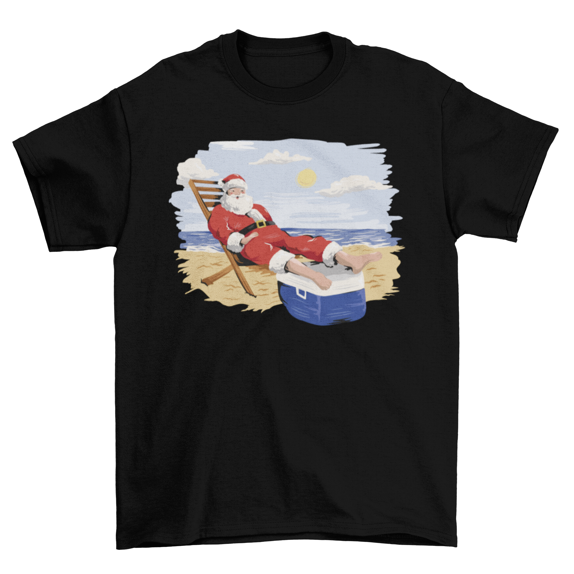 A vibrant t-shirt featuring Santa Claus relaxing on a beach with sunglasses and a tropical drink, perfect for festive occasions.