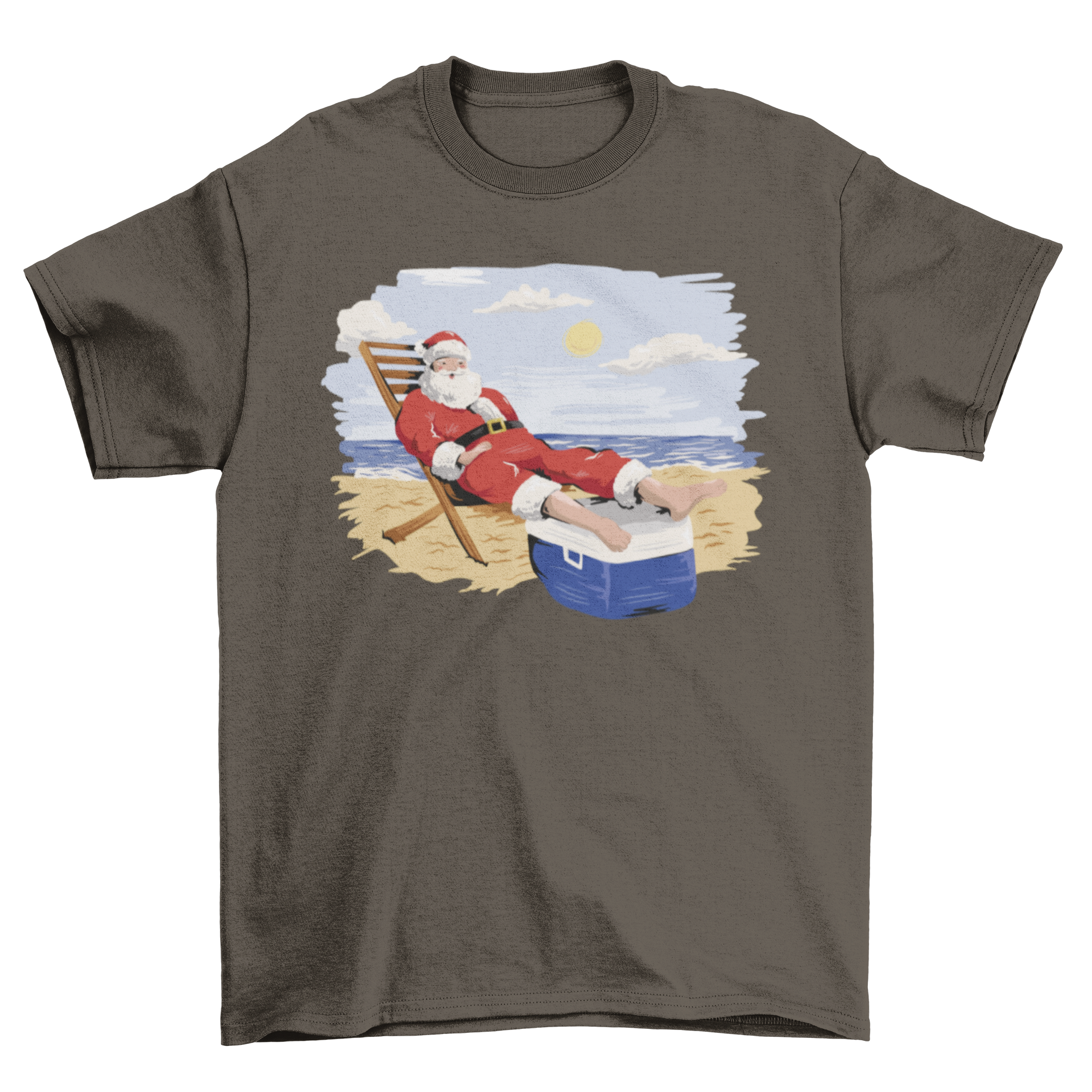 A vibrant t-shirt featuring Santa Claus relaxing on a beach with sunglasses and a tropical drink, perfect for festive occasions.