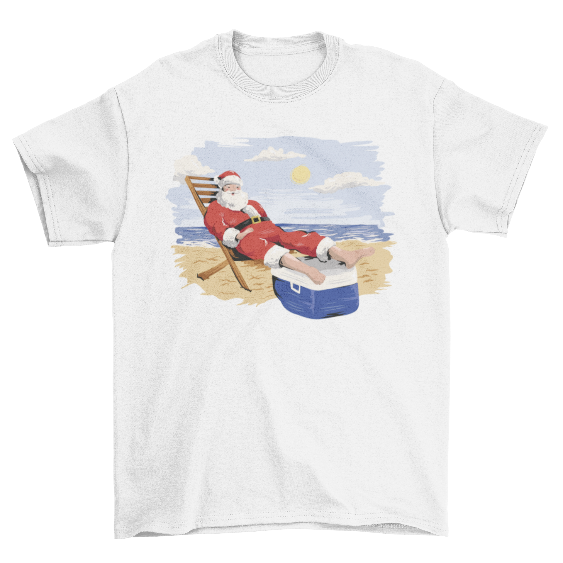 A vibrant t-shirt featuring Santa Claus relaxing on a beach with sunglasses and a tropical drink, perfect for festive occasions.