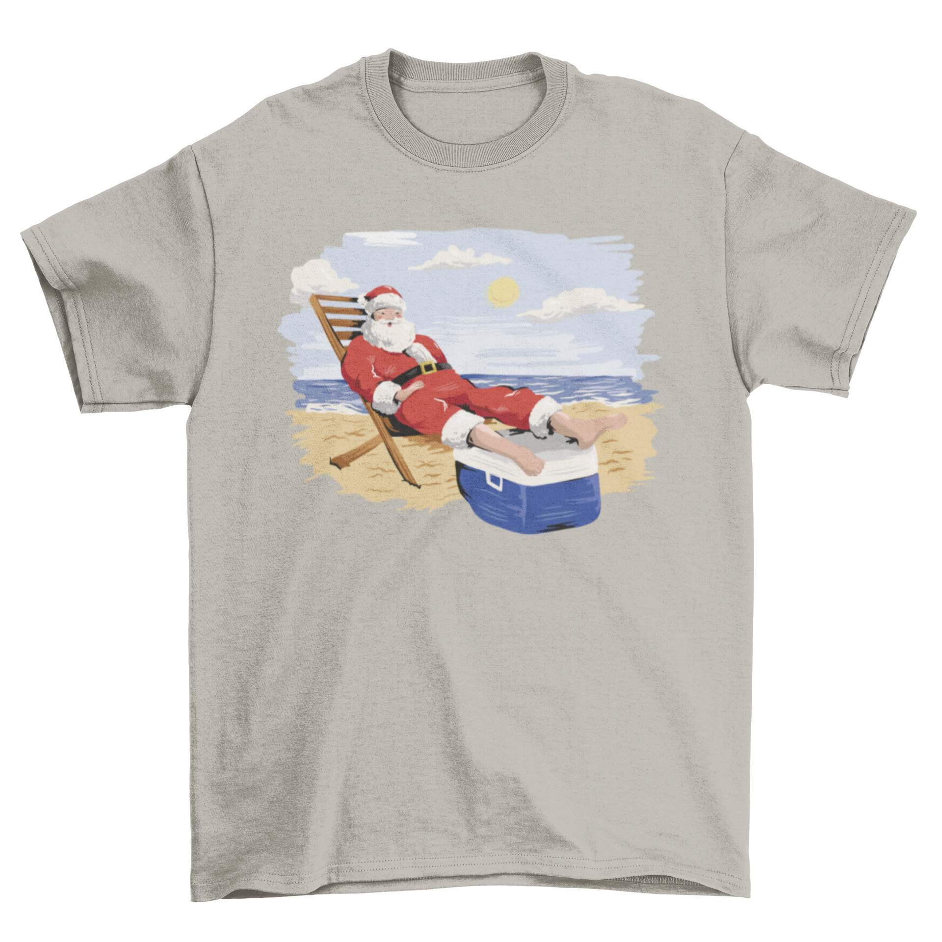 A vibrant t-shirt featuring Santa Claus relaxing on a beach with sunglasses and a tropical drink, perfect for festive occasions.