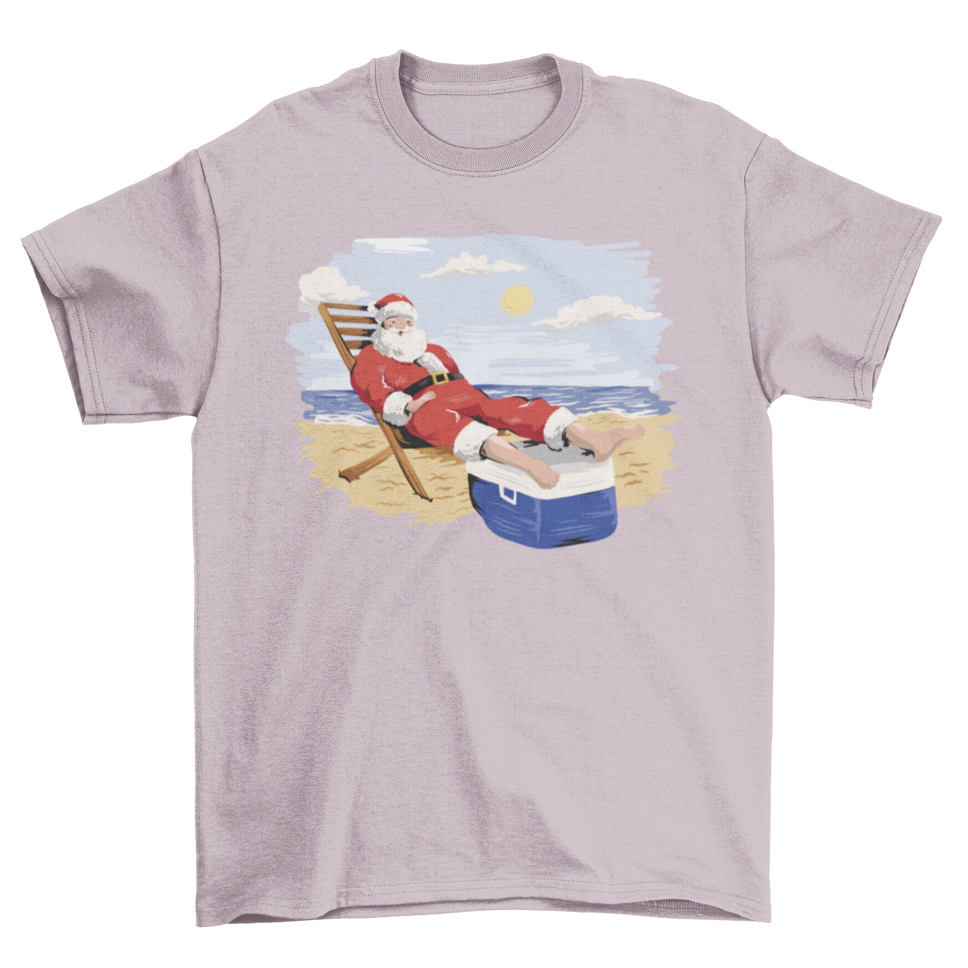 A vibrant t-shirt featuring Santa Claus relaxing on a beach with sunglasses and a tropical drink, perfect for festive occasions.