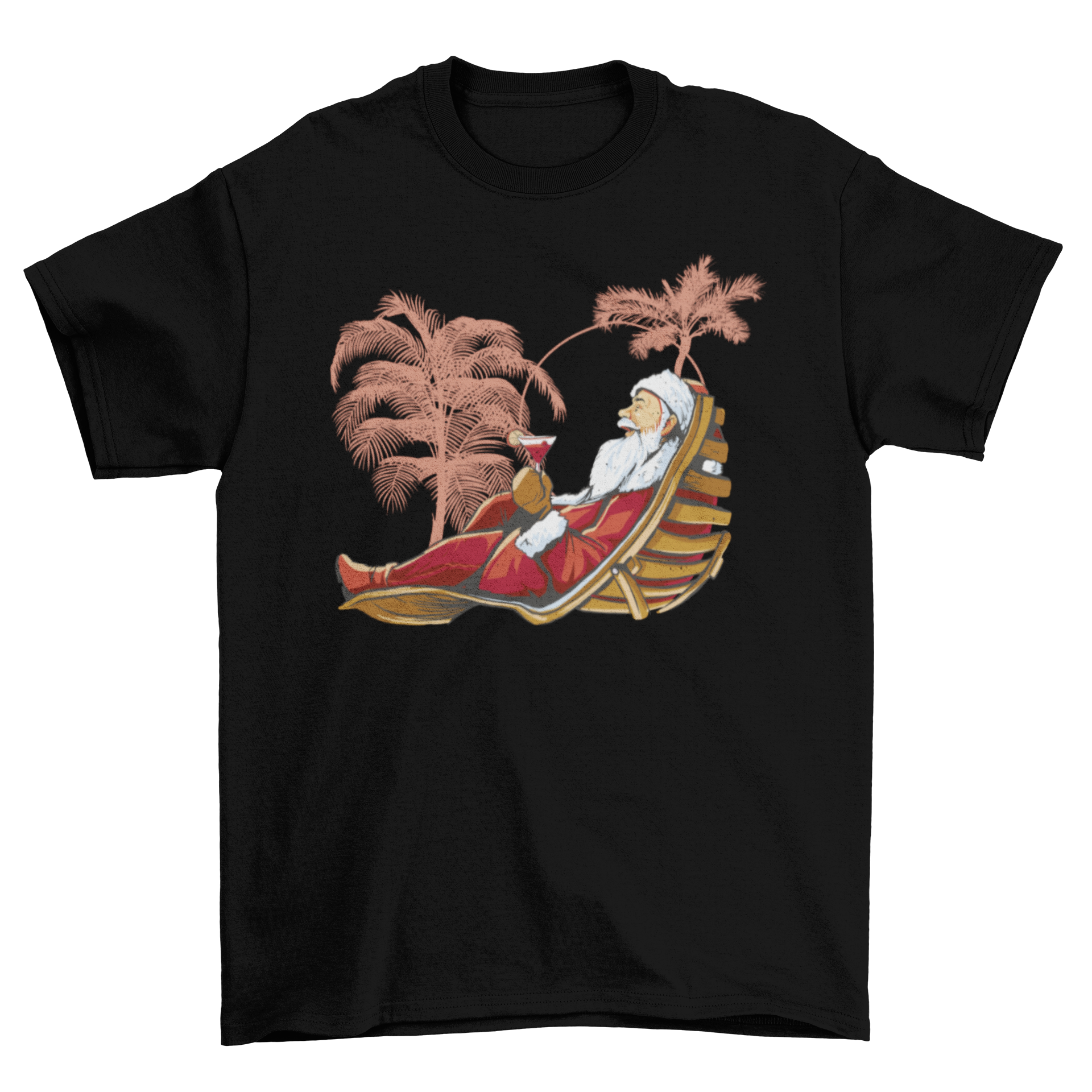 Santa Claus wearing sunglasses and sipping a cocktail on the beach, featured on a tropical Christmas t-shirt.