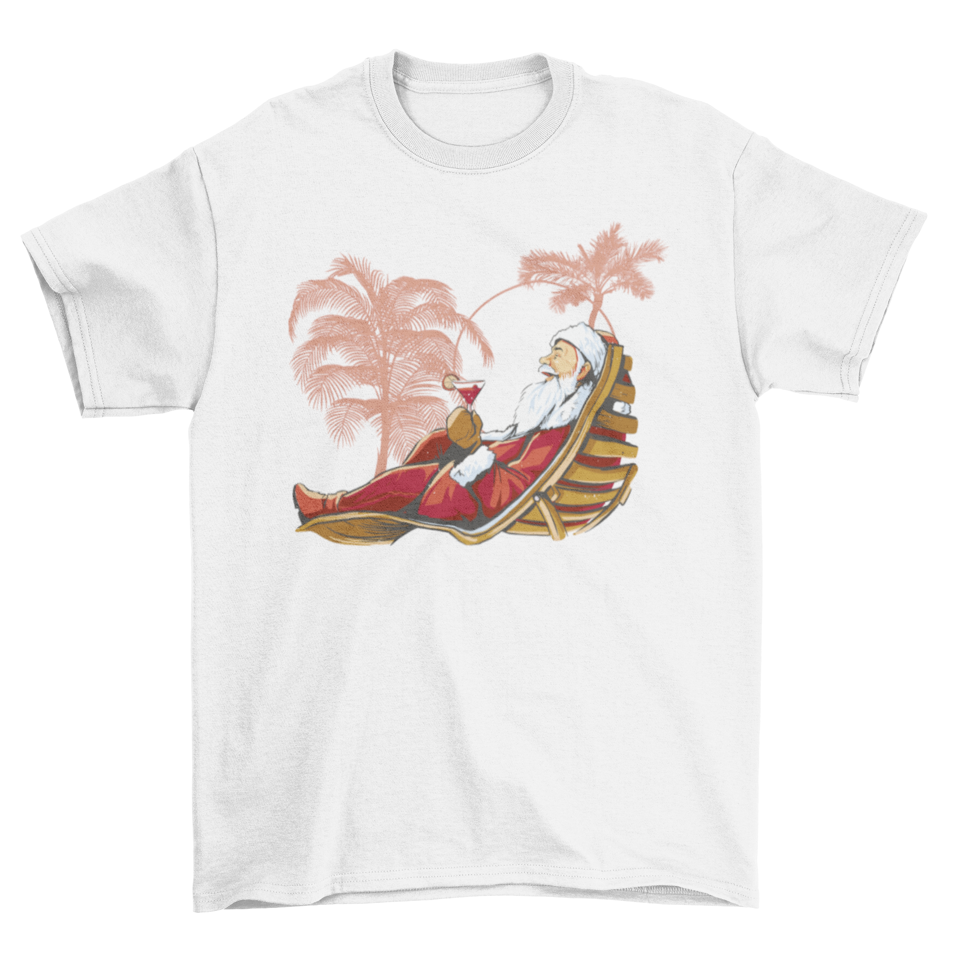 Santa Claus wearing sunglasses and sipping a cocktail on the beach, featured on a tropical Christmas t-shirt.