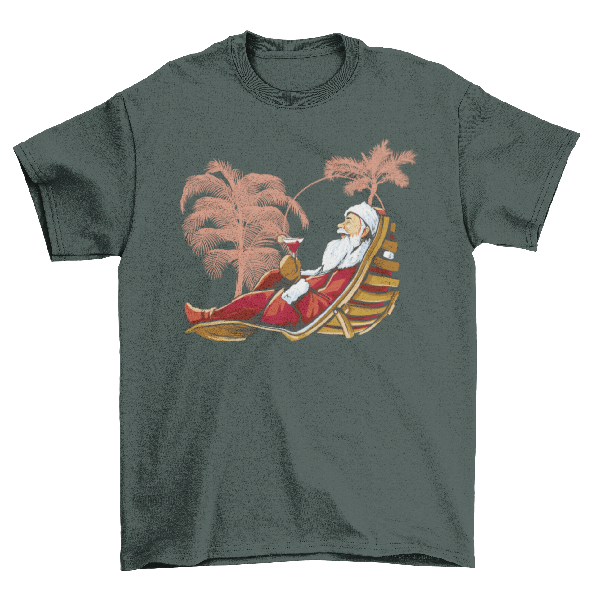 Santa Claus wearing sunglasses and sipping a cocktail on the beach, featured on a tropical Christmas t-shirt.