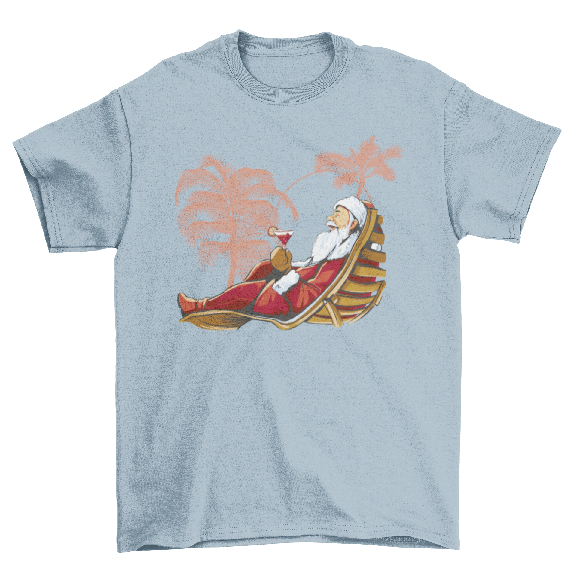 Santa Claus wearing sunglasses and sipping a cocktail on the beach, featured on a tropical Christmas t-shirt.