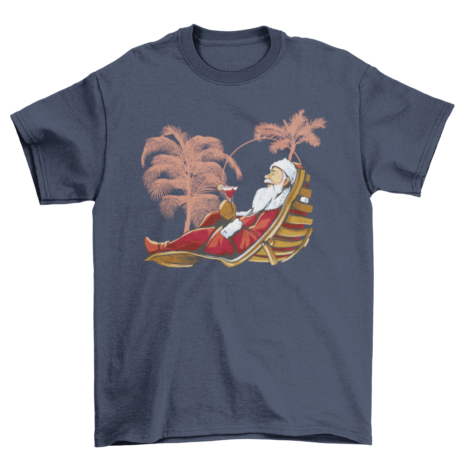 Santa Claus wearing sunglasses and sipping a cocktail on the beach, featured on a tropical Christmas t-shirt.