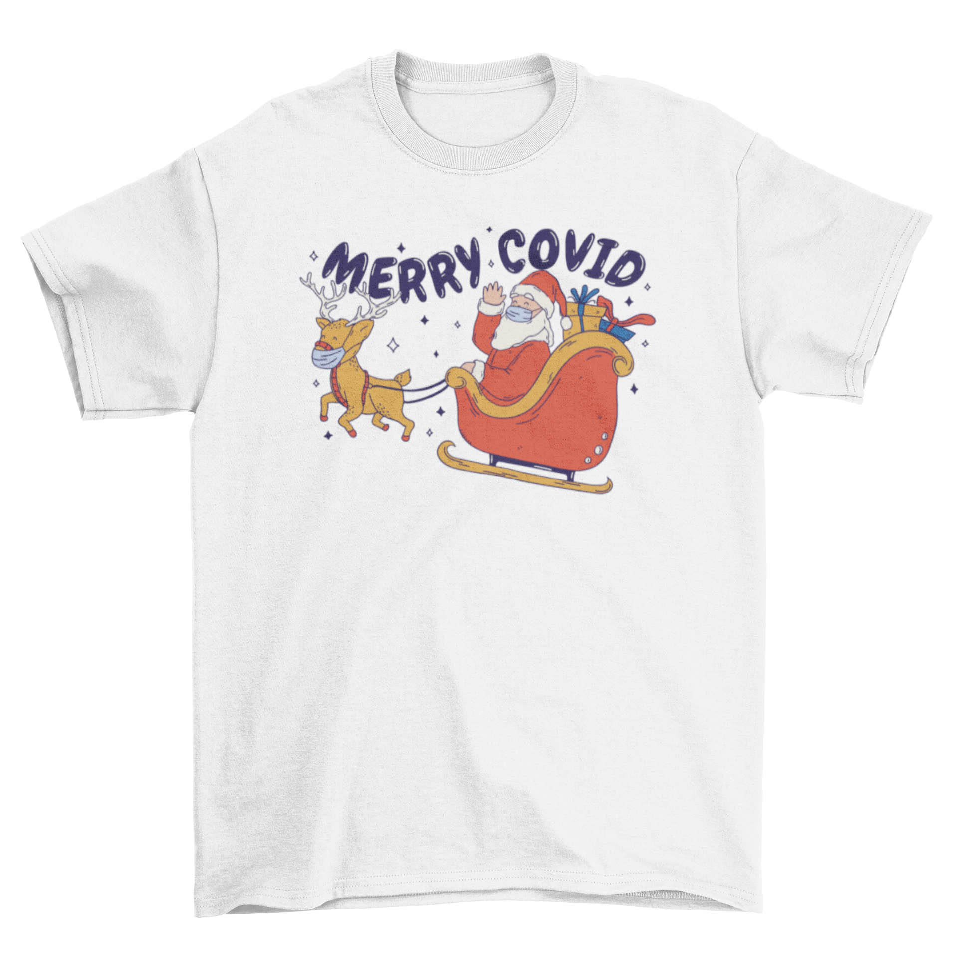 Santa Claus wearing a face mask flying on a sled with a humorous quote 'Merry Covid' on a t-shirt.