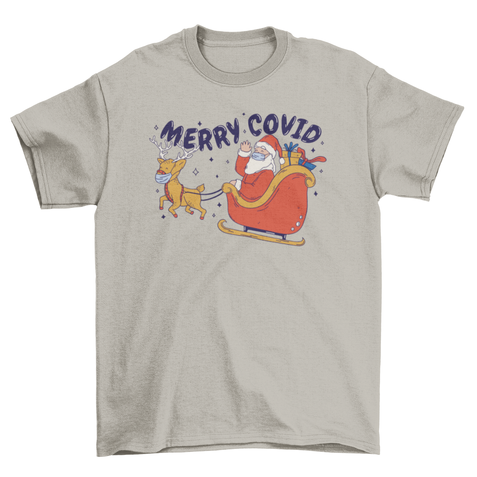 Santa Claus wearing a face mask flying on a sled with a humorous quote 'Merry Covid' on a t-shirt.