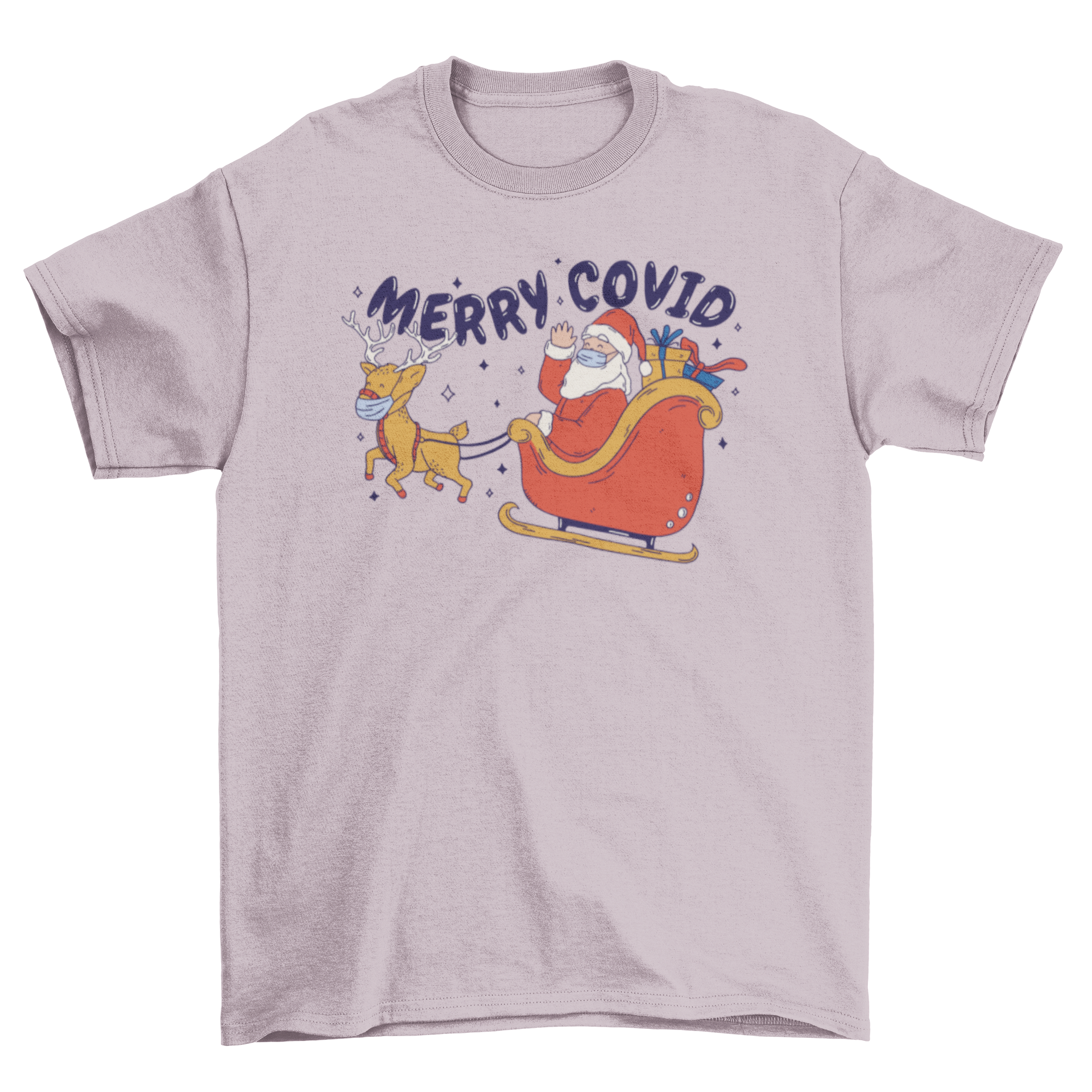 Santa Claus wearing a face mask flying on a sled with a humorous quote 'Merry Covid' on a t-shirt.