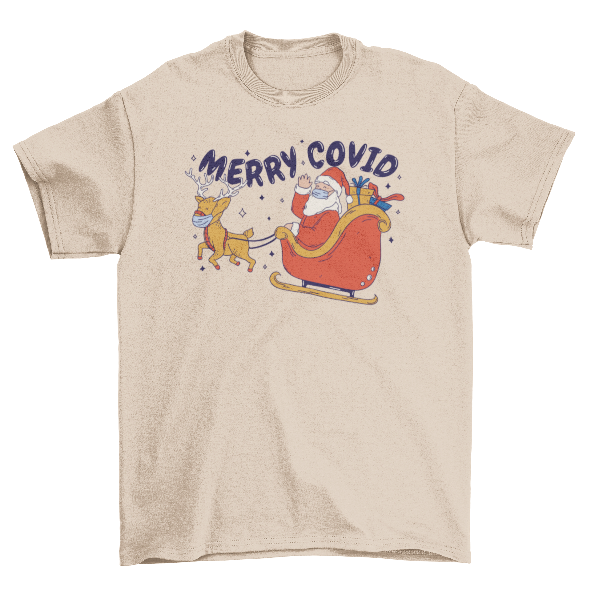 Santa Claus wearing a face mask flying on a sled with a humorous quote 'Merry Covid' on a t-shirt.