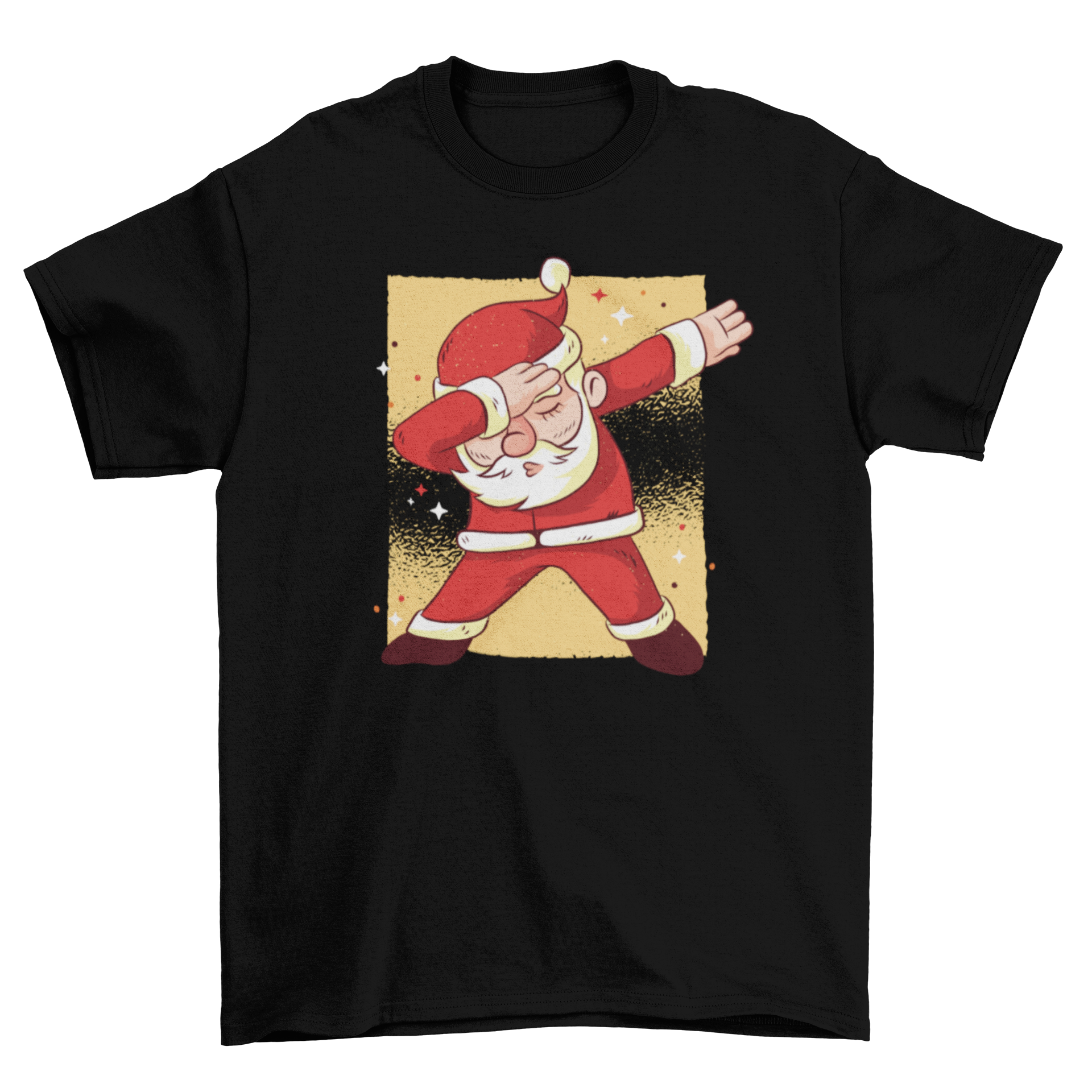 Santa Claus cartoon t-shirt design featuring Santa doing a dab dance move on an orange background with sparkles.