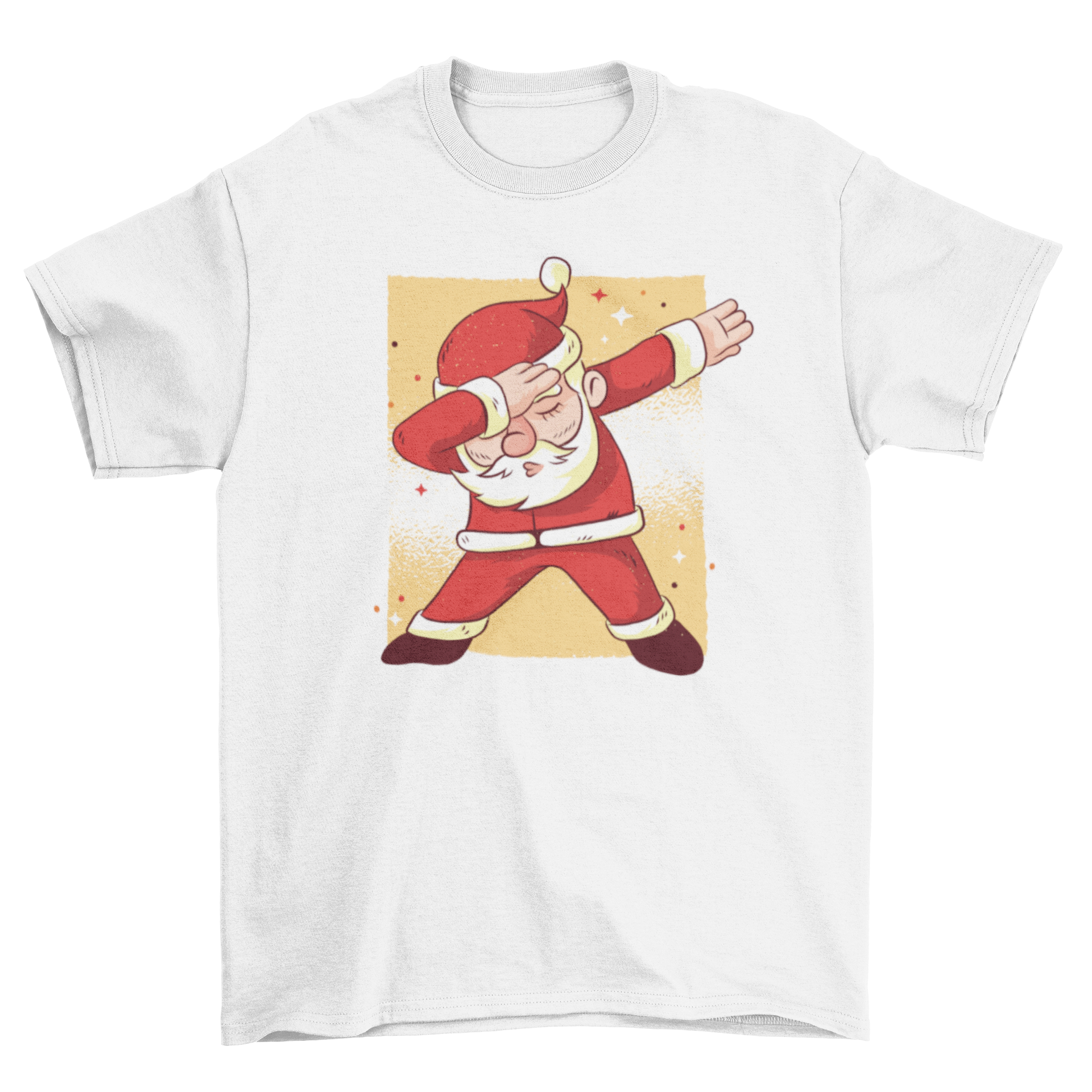 Santa Claus cartoon t-shirt design featuring Santa doing a dab dance move on an orange background with sparkles.