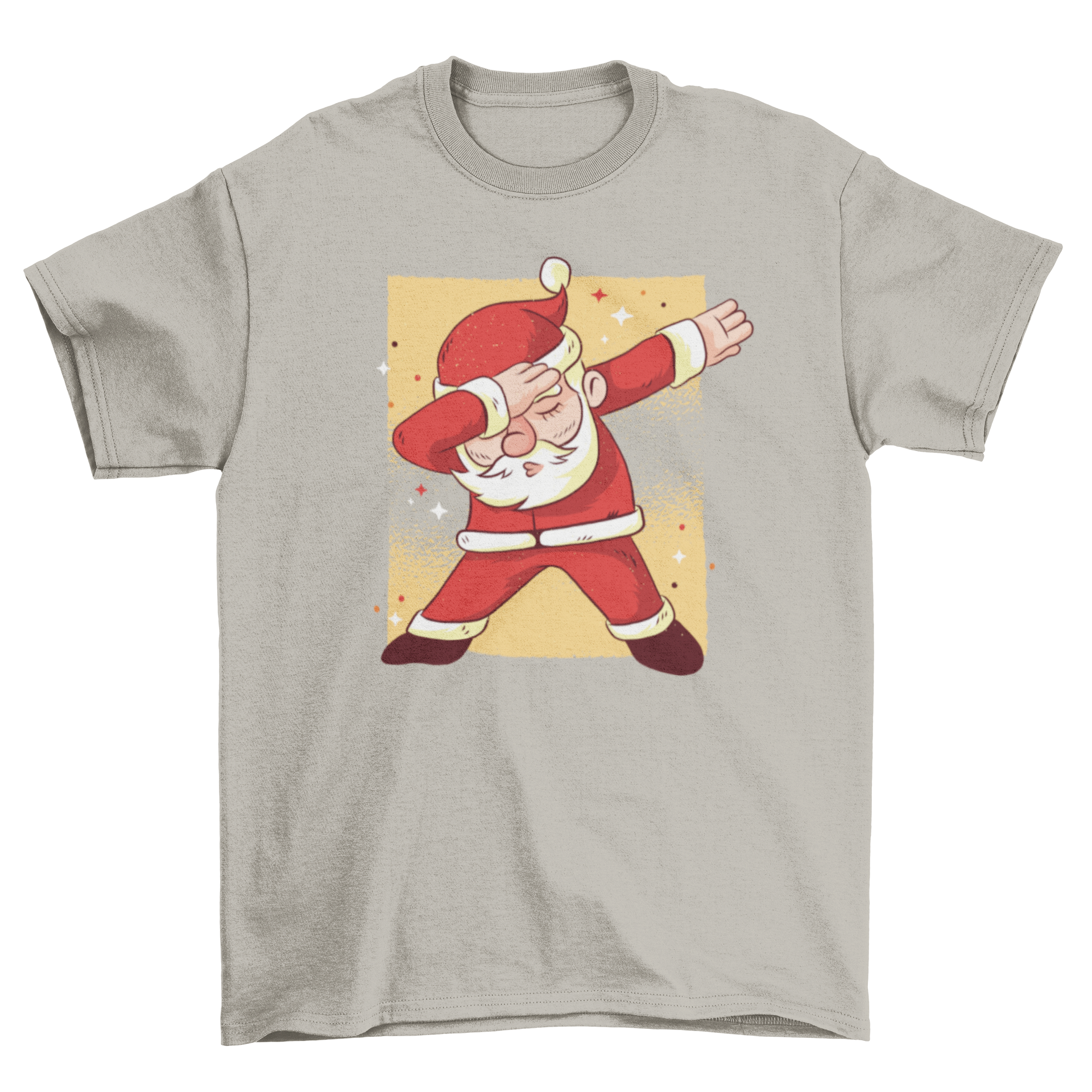 Santa Claus cartoon t-shirt design featuring Santa doing a dab dance move on an orange background with sparkles.