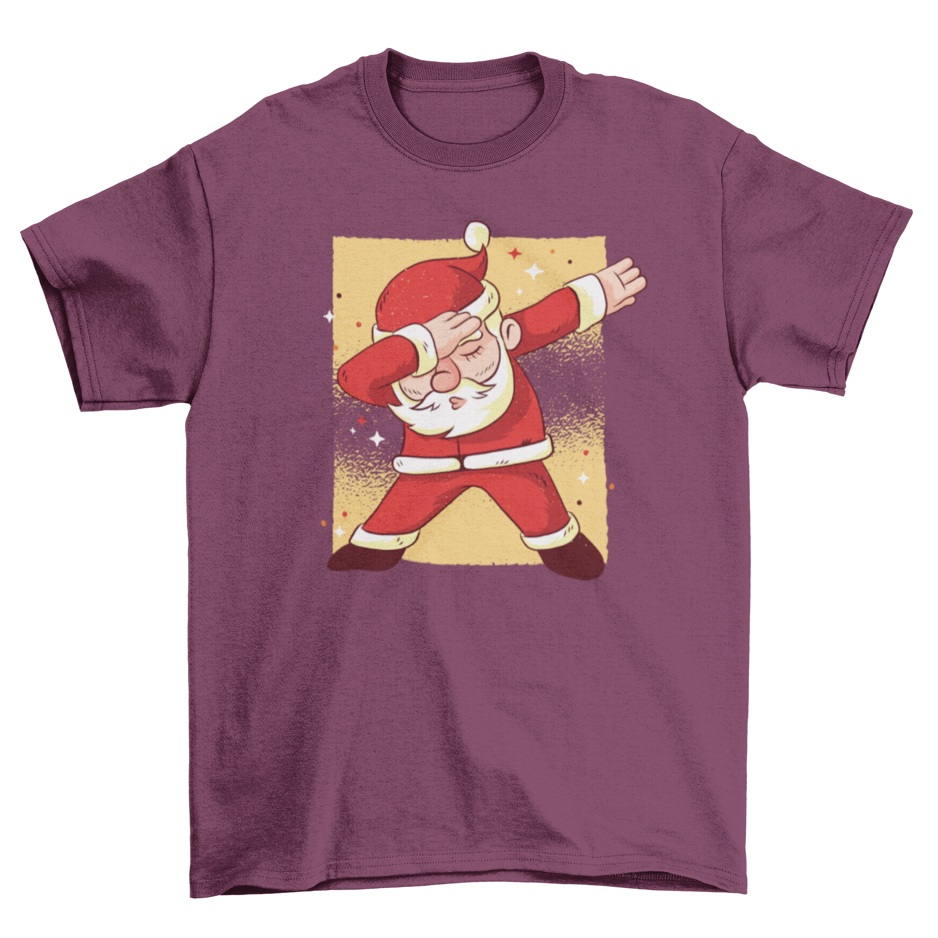 Santa Claus cartoon t-shirt design featuring Santa doing a dab dance move on an orange background with sparkles.