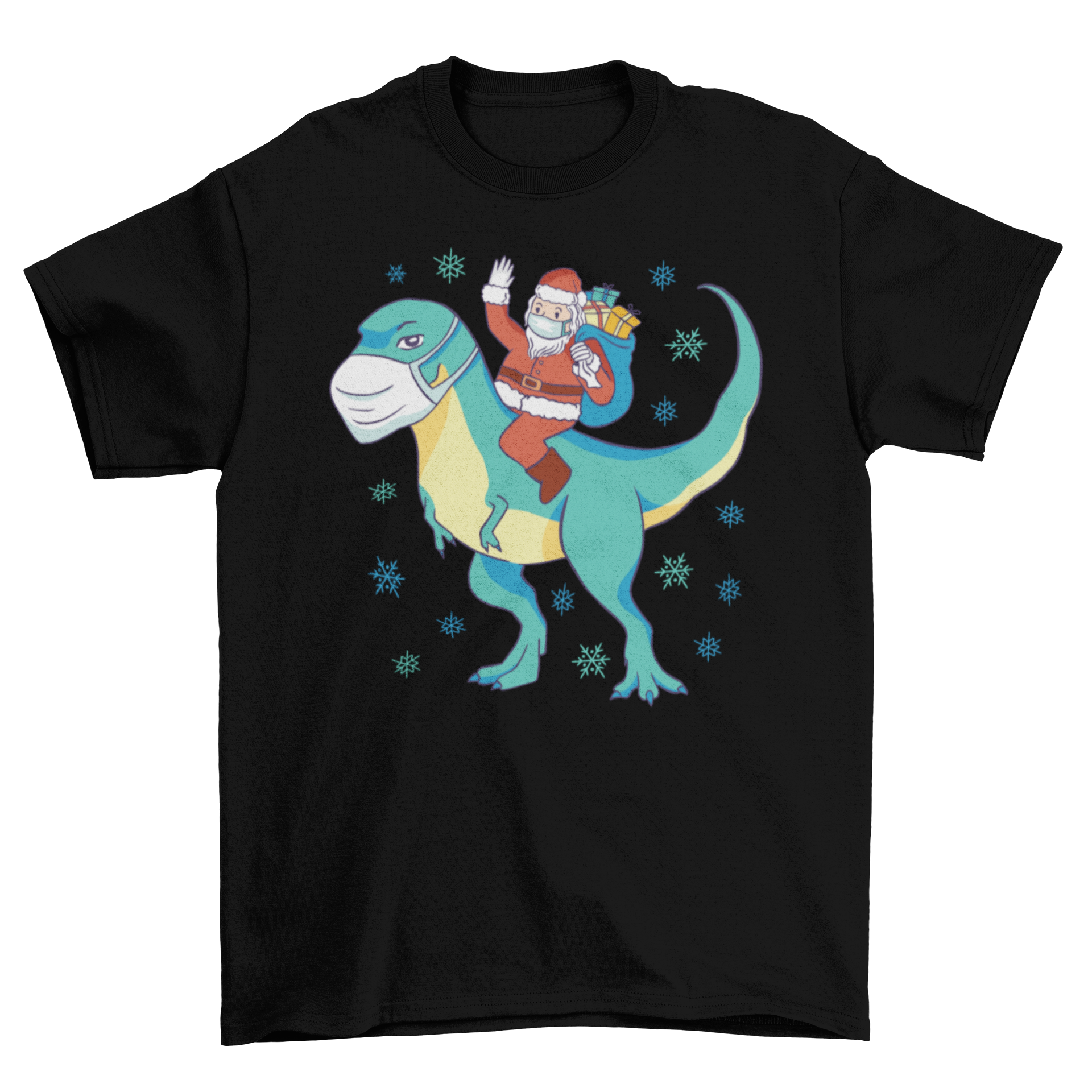 A festive t-shirt featuring Santa Claus joyfully riding a T-rex, perfect for holiday celebrations.