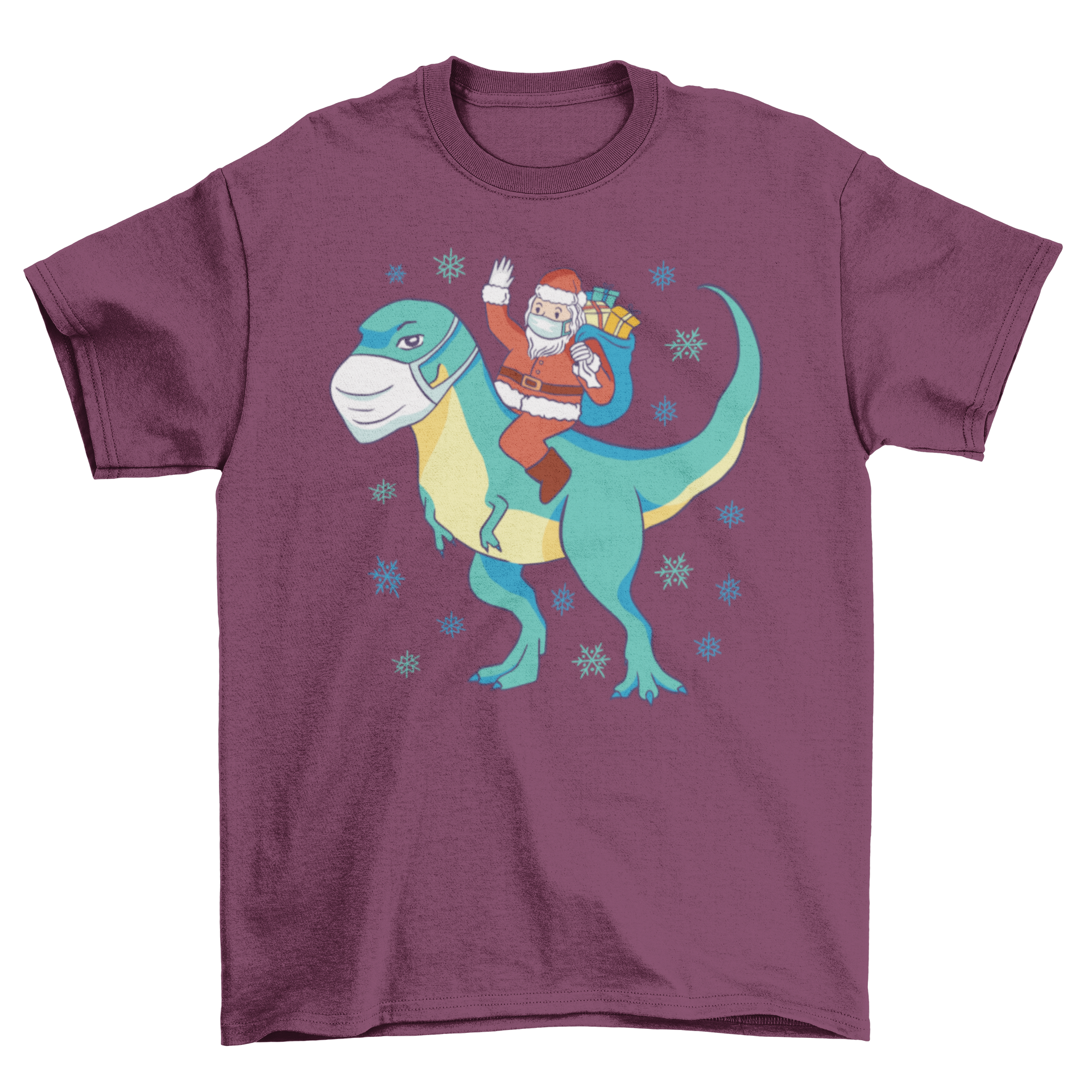 A festive t-shirt featuring Santa Claus joyfully riding a T-rex, perfect for holiday celebrations.