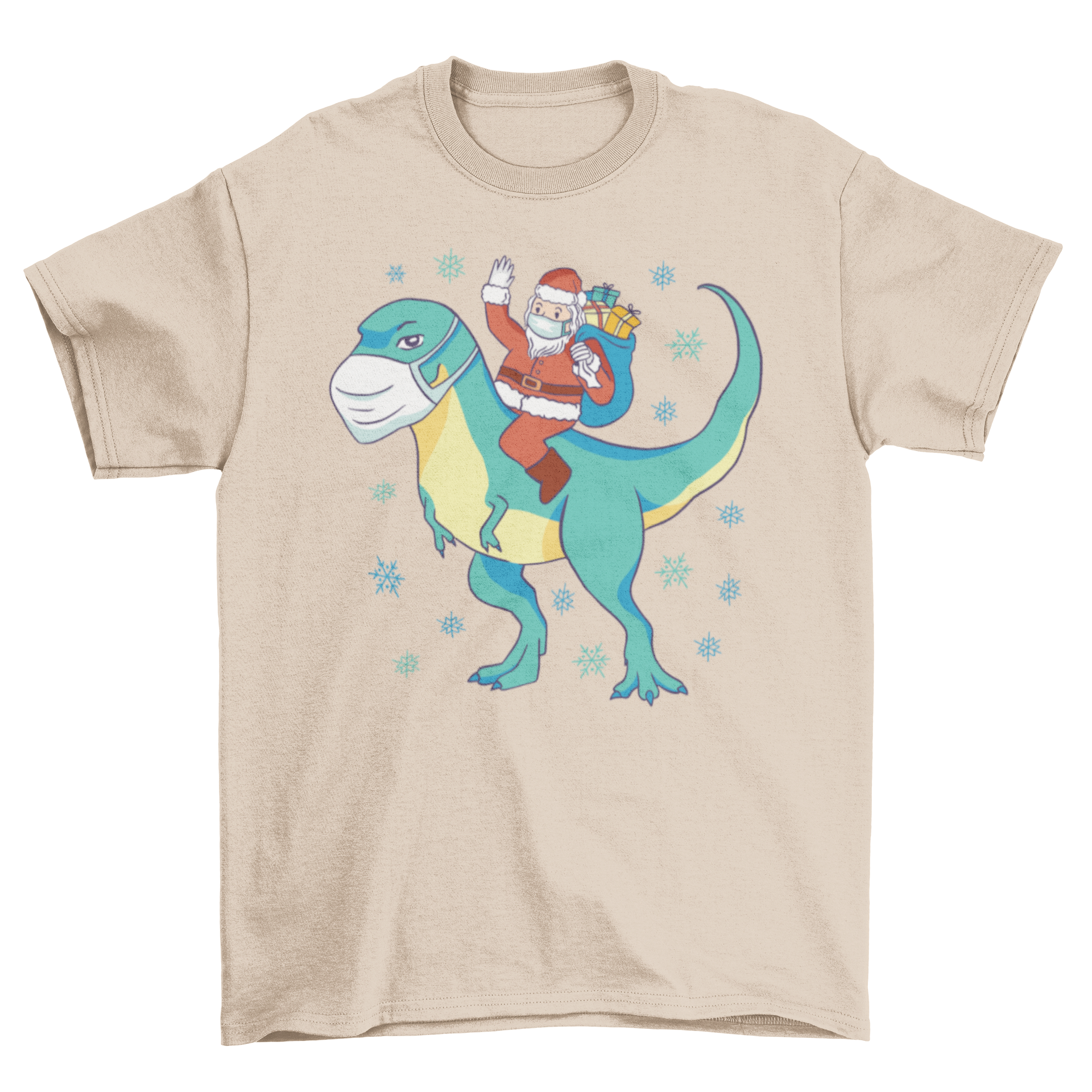 A festive t-shirt featuring Santa Claus joyfully riding a T-rex, perfect for holiday celebrations.