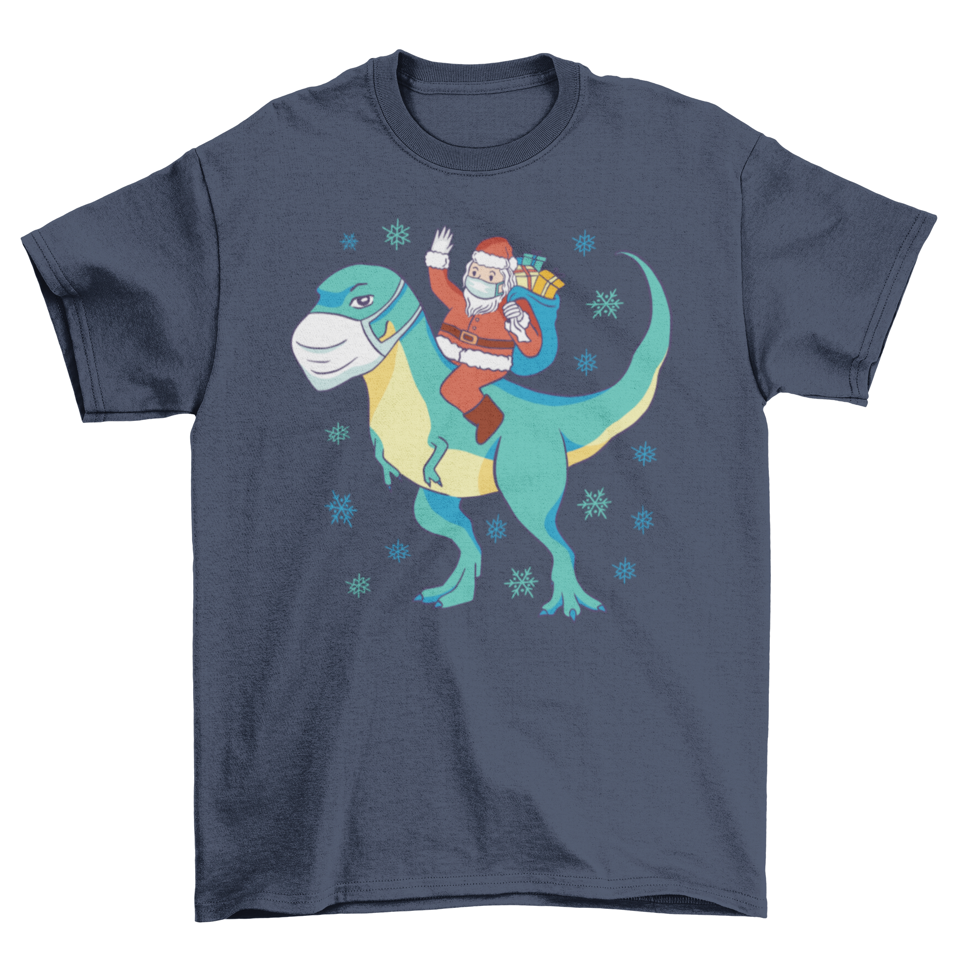 A festive t-shirt featuring Santa Claus joyfully riding a T-rex, perfect for holiday celebrations.