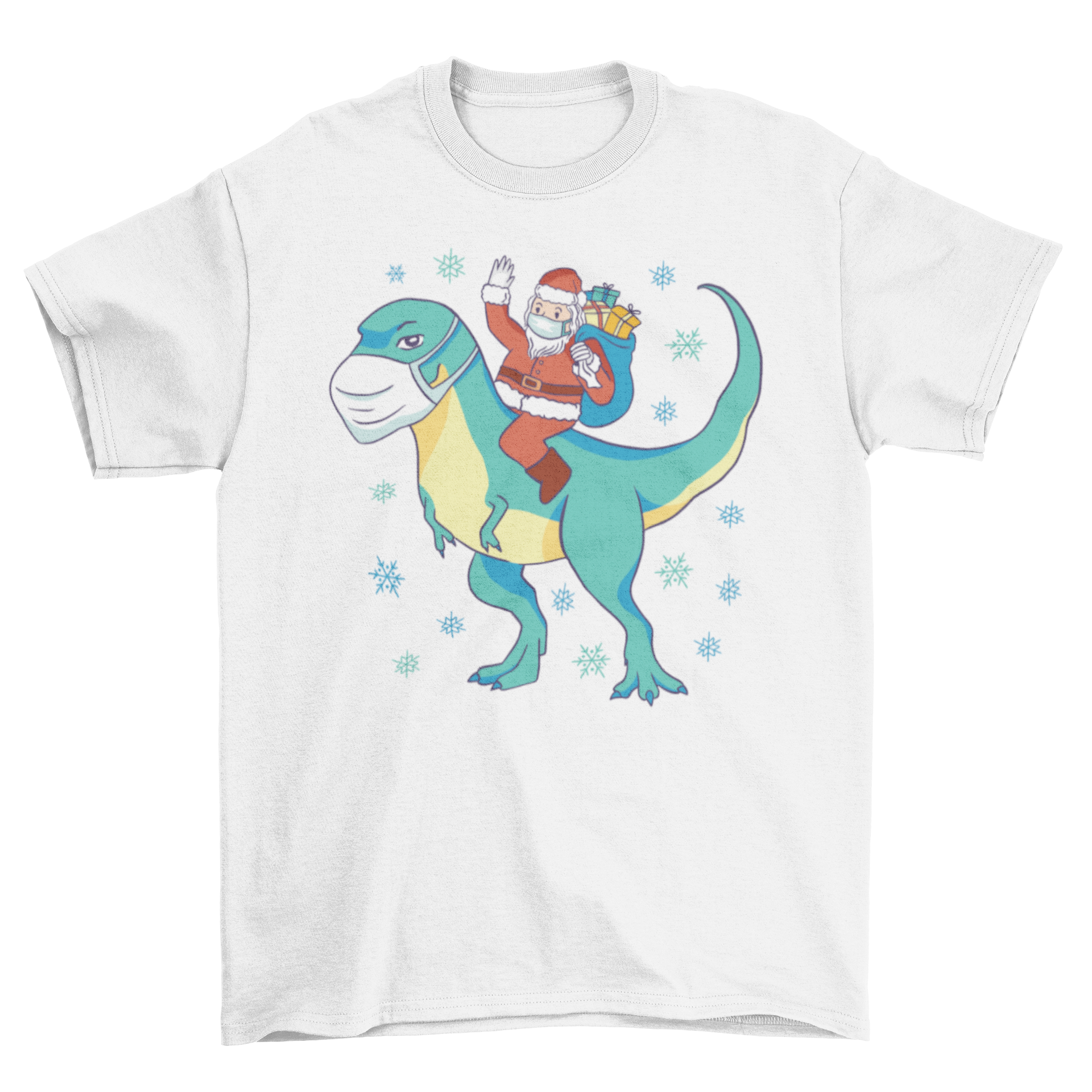 A festive t-shirt featuring Santa Claus joyfully riding a T-rex, perfect for holiday celebrations.