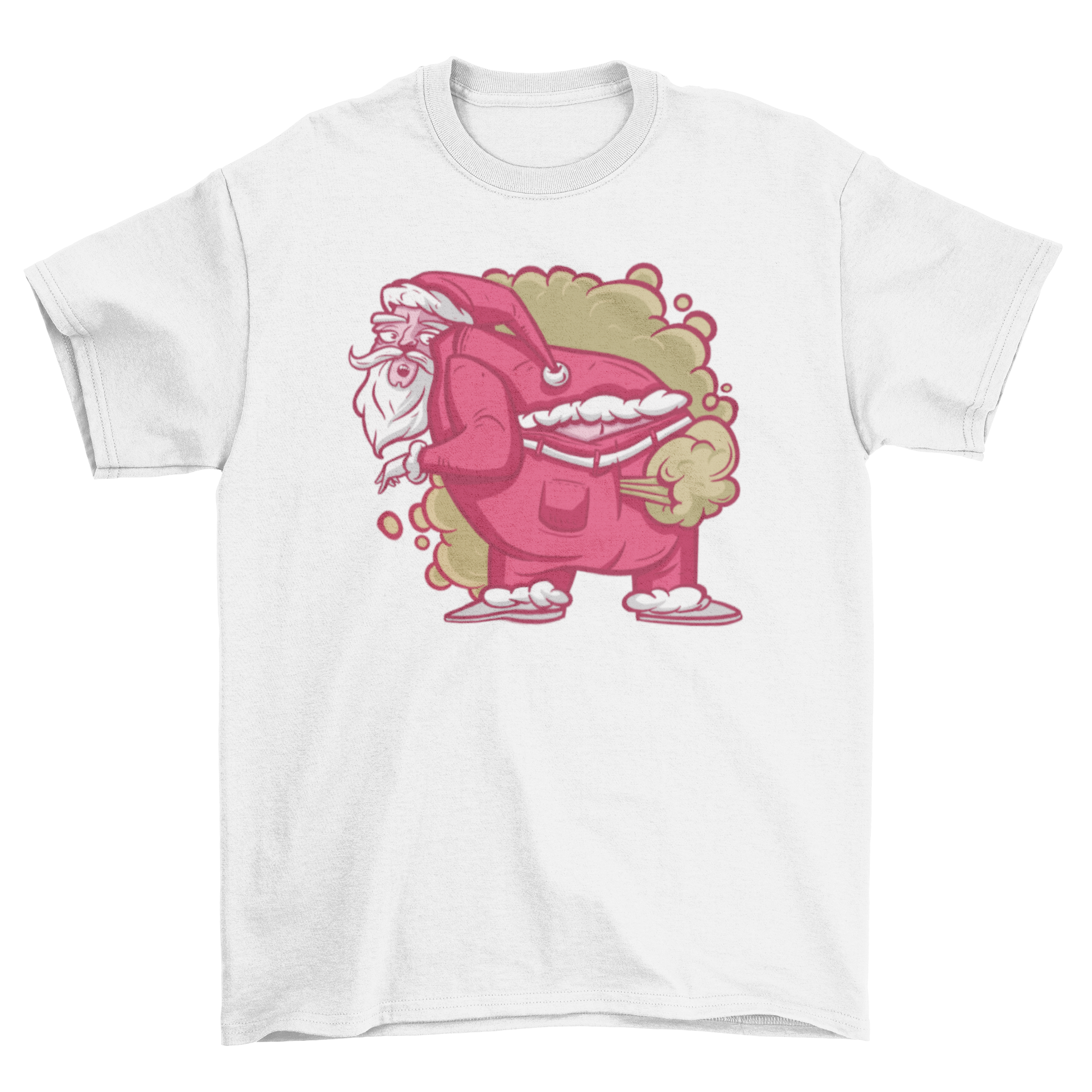 A humorous t-shirt featuring a farting Santa Claus design, perfect for holiday festivities.