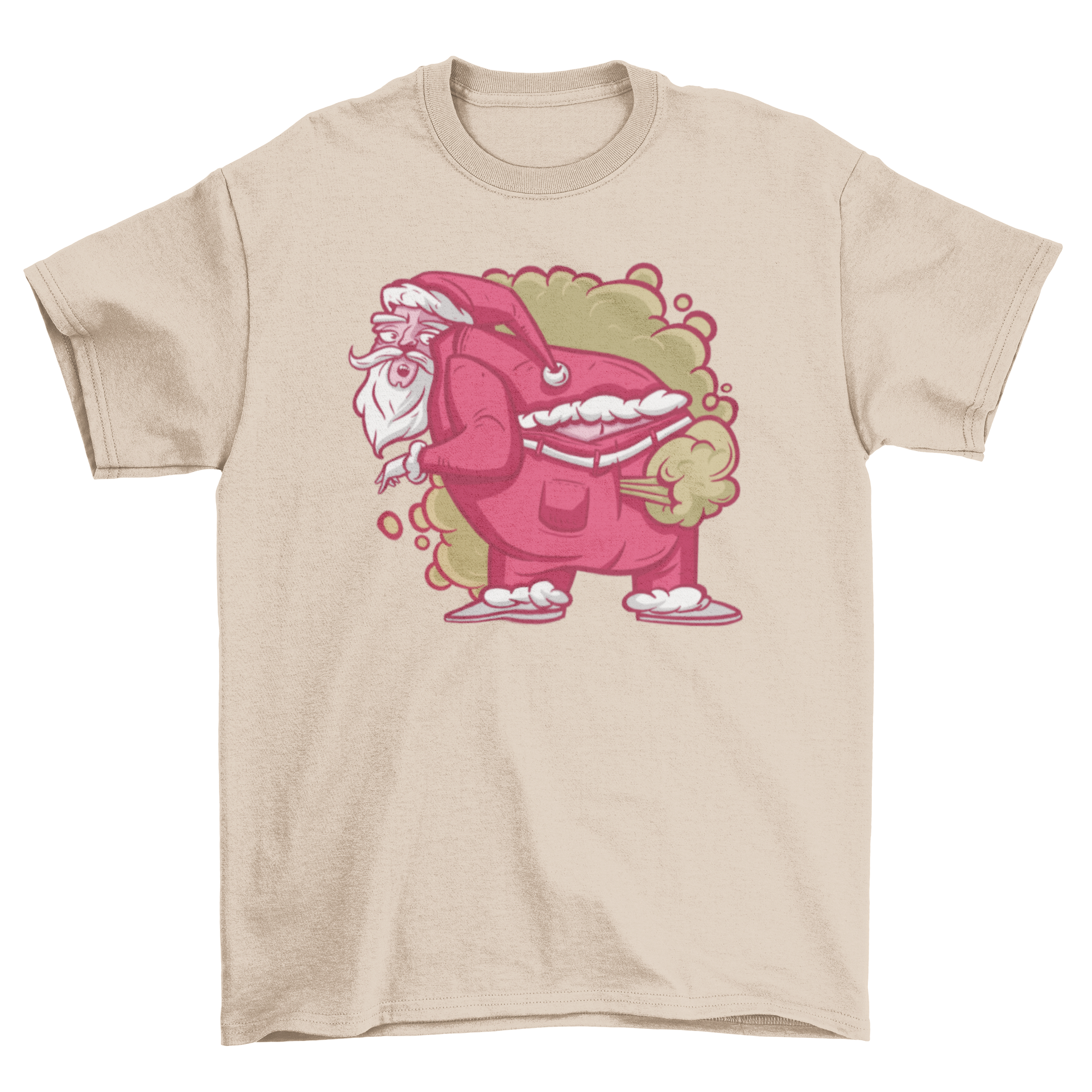 A humorous t-shirt featuring a farting Santa Claus design, perfect for holiday festivities.