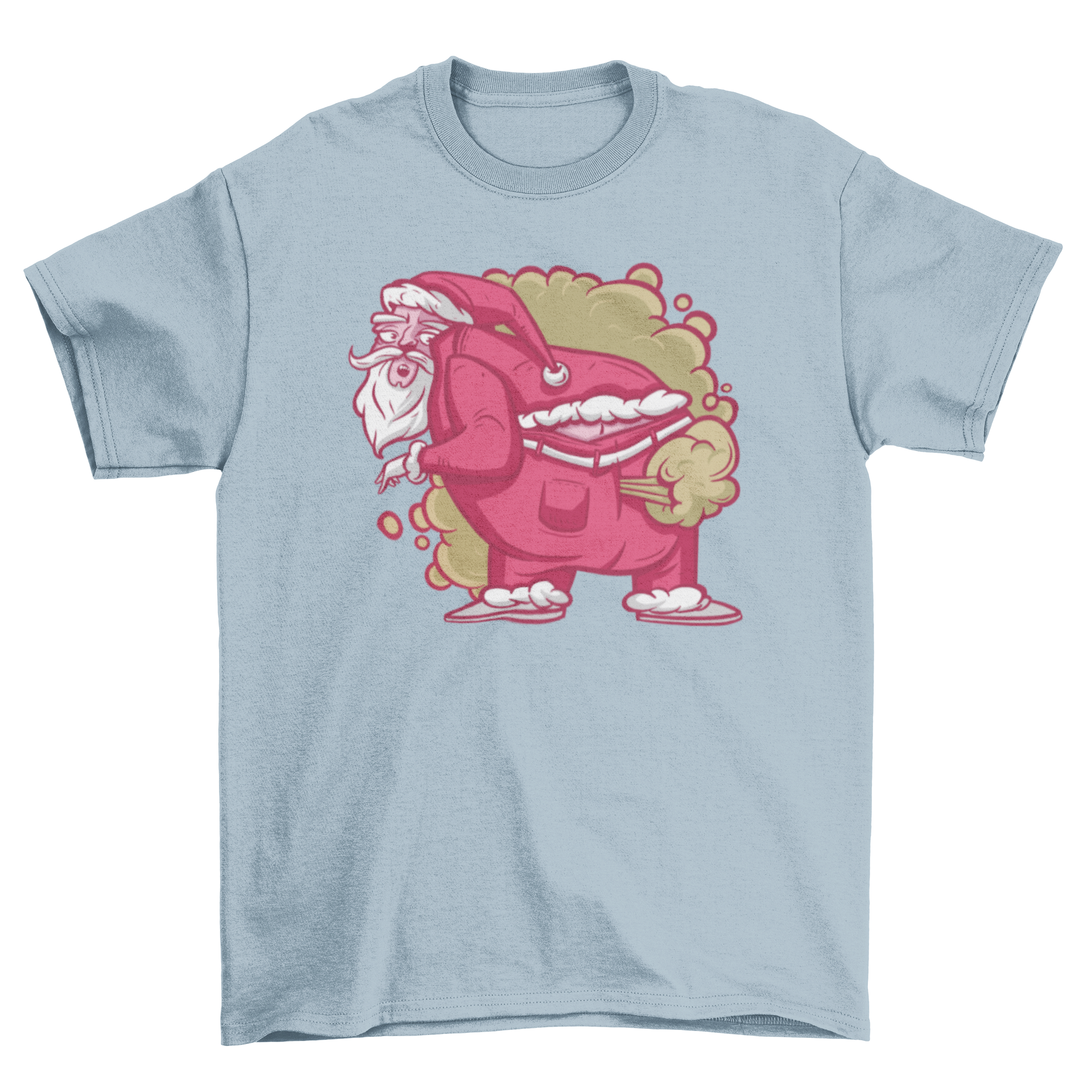 A humorous t-shirt featuring a farting Santa Claus design, perfect for holiday festivities.