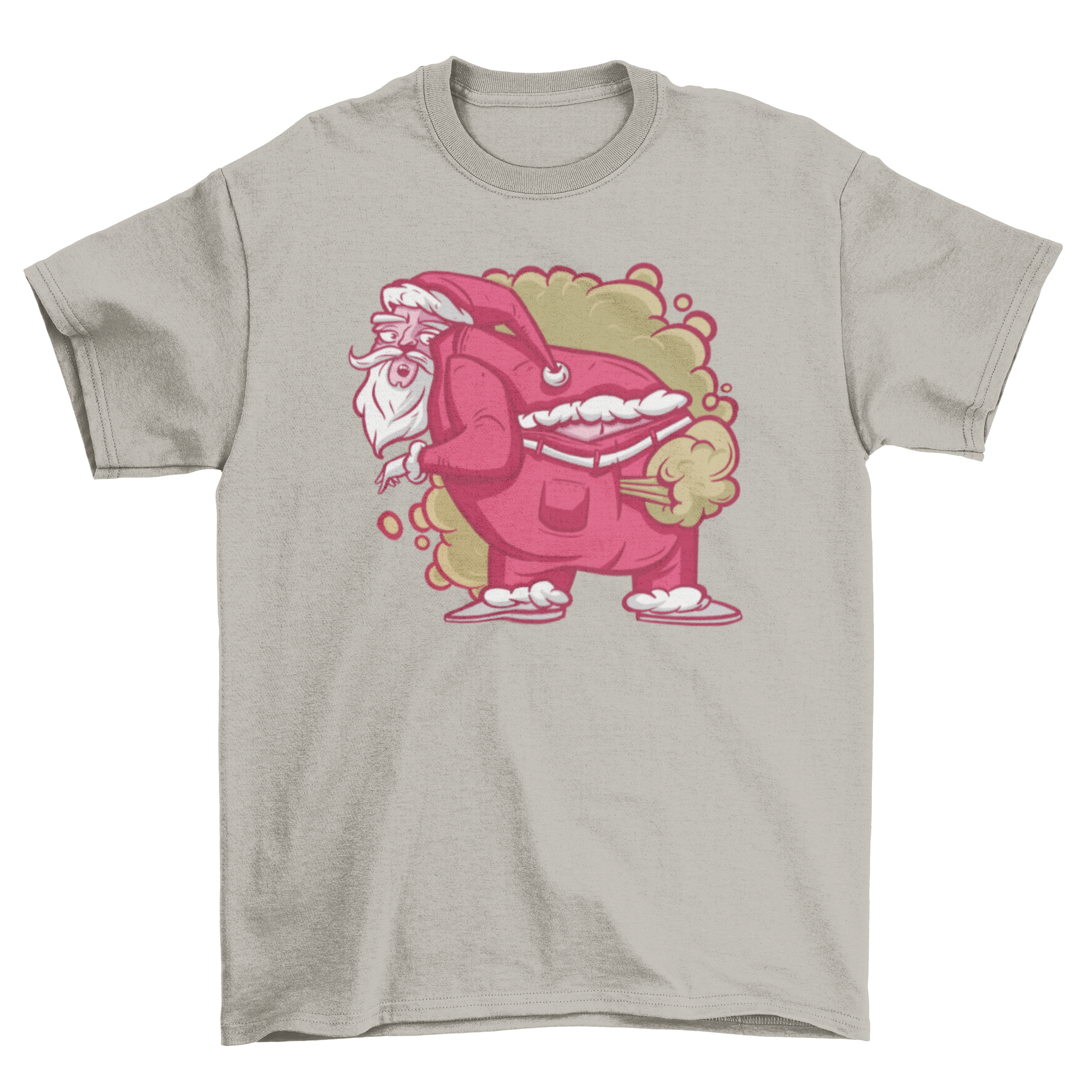 A humorous t-shirt featuring a farting Santa Claus design, perfect for holiday festivities.