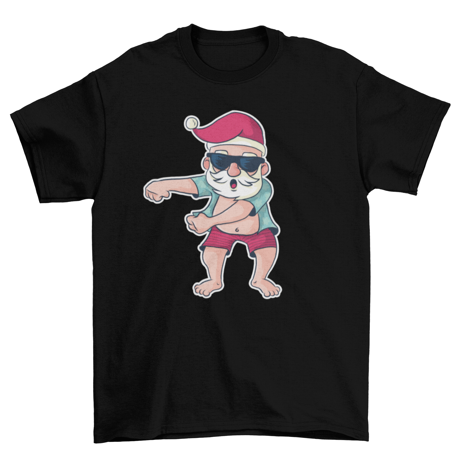 A colorful cartoon t-shirt featuring Santa in summer attire, dancing the floss dance.