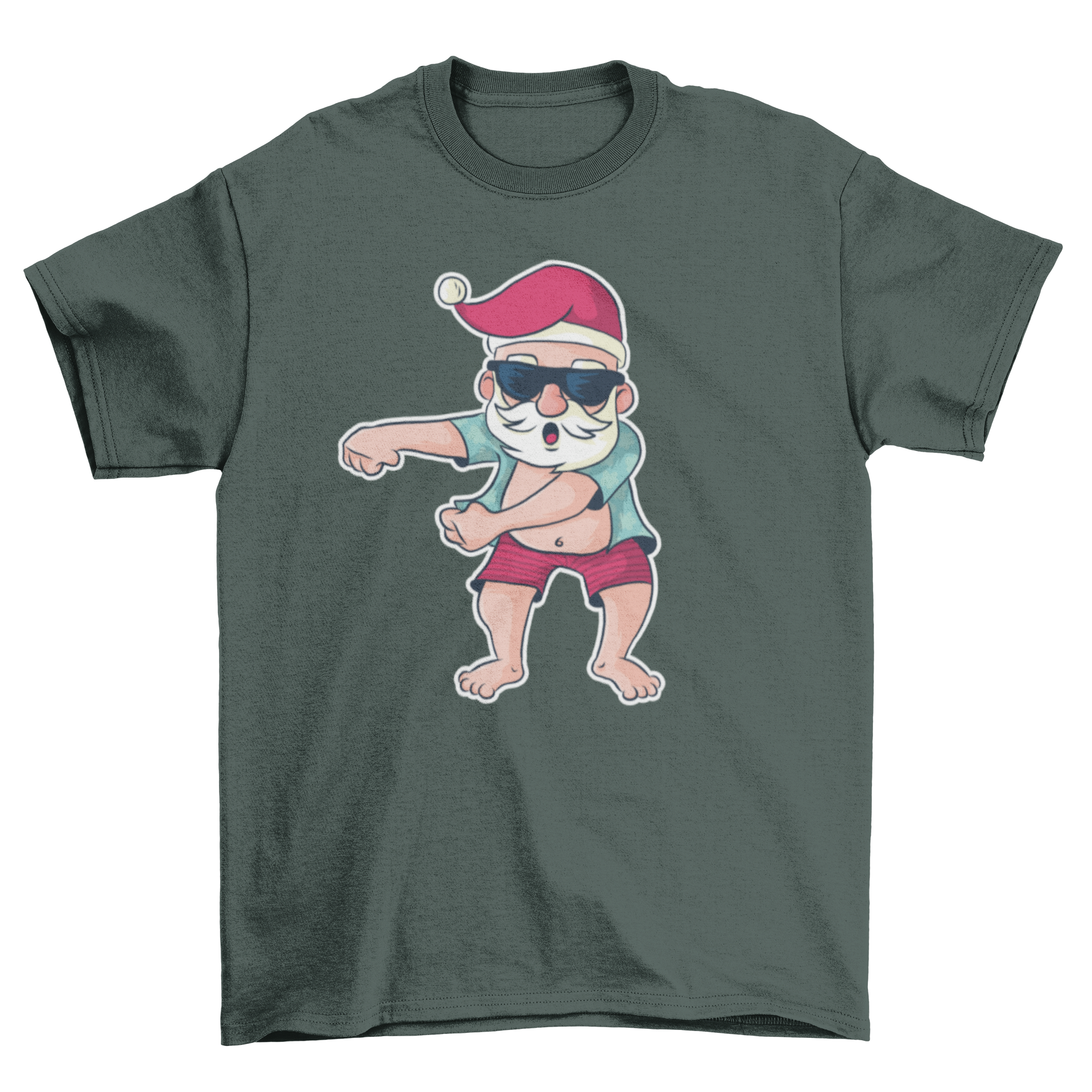 A colorful cartoon t-shirt featuring Santa in summer attire, dancing the floss dance.