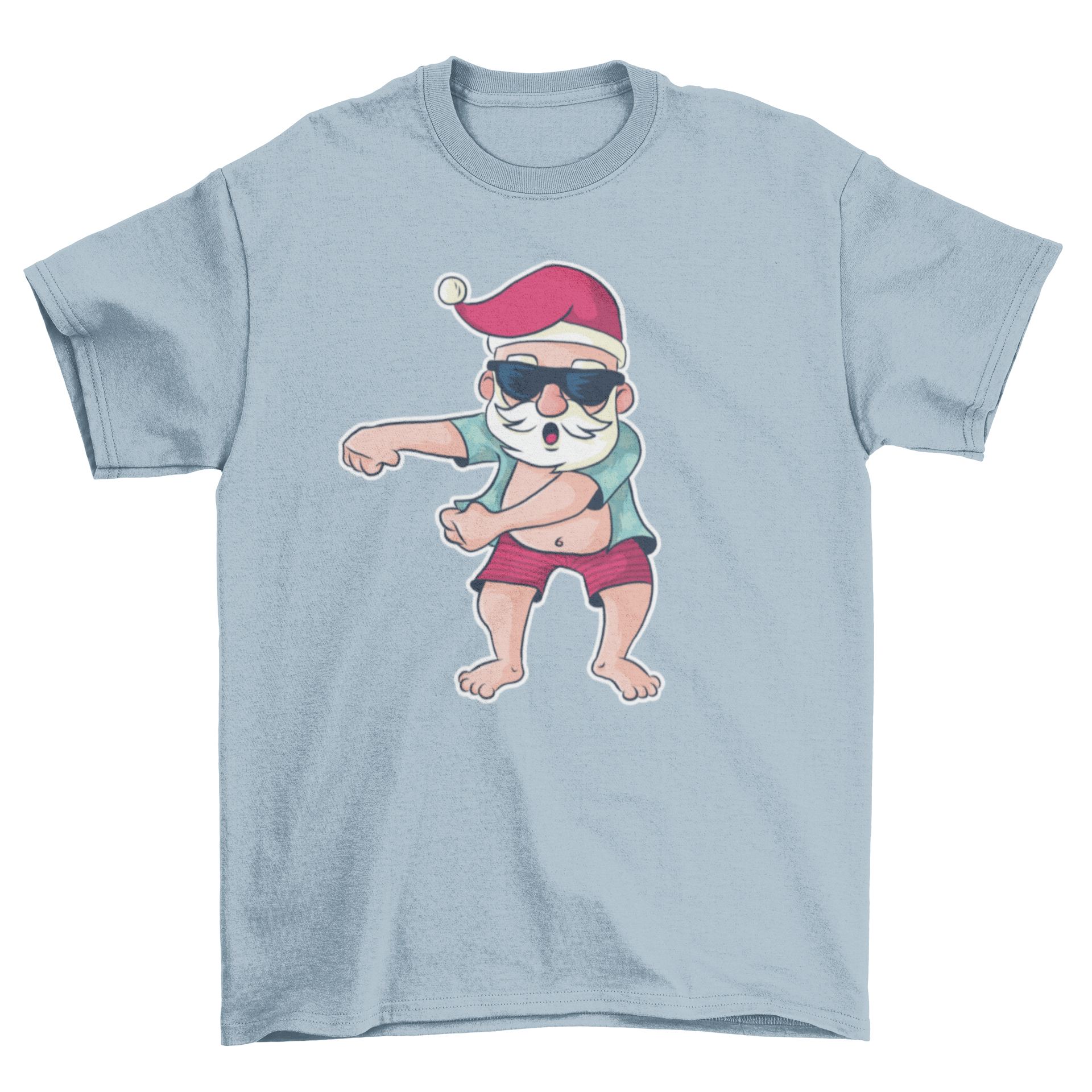 A colorful cartoon t-shirt featuring Santa in summer attire, dancing the floss dance.