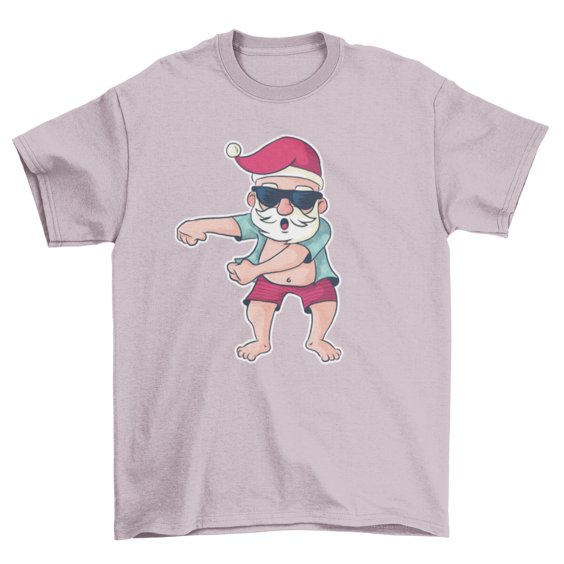 A colorful cartoon t-shirt featuring Santa in summer attire, dancing the floss dance.