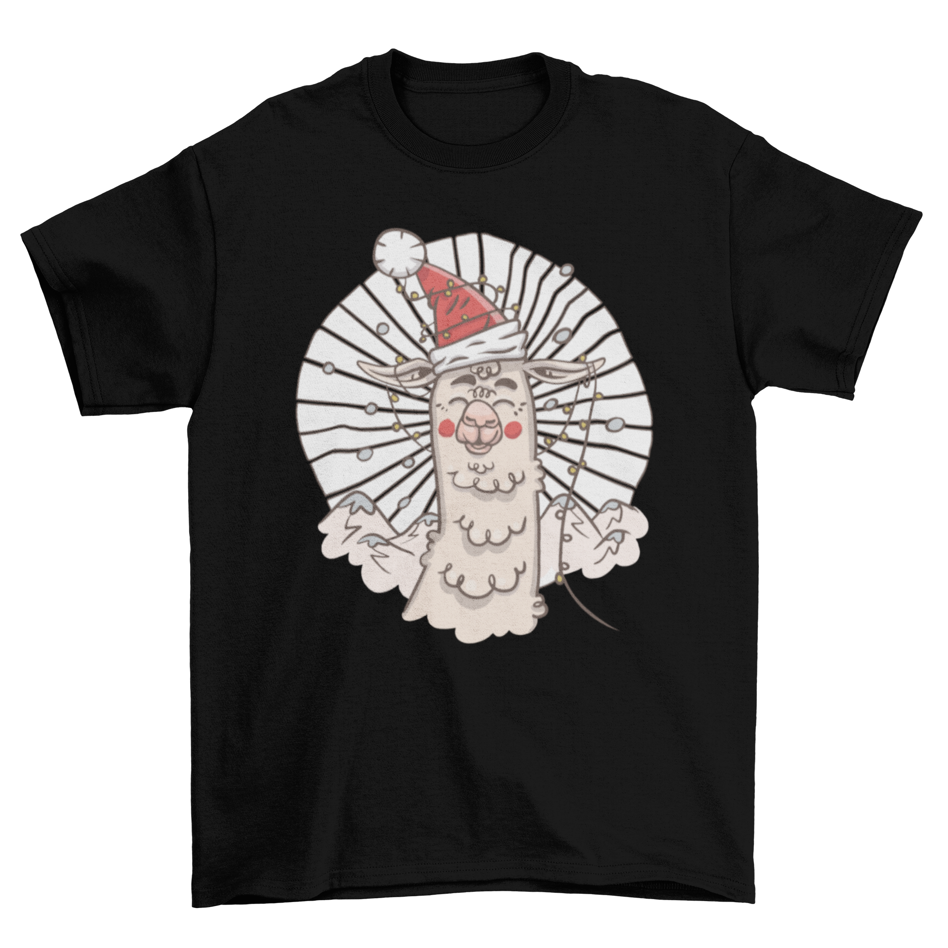 A festive t-shirt featuring a cute llama wearing a Santa hat, perfect for holiday celebrations.