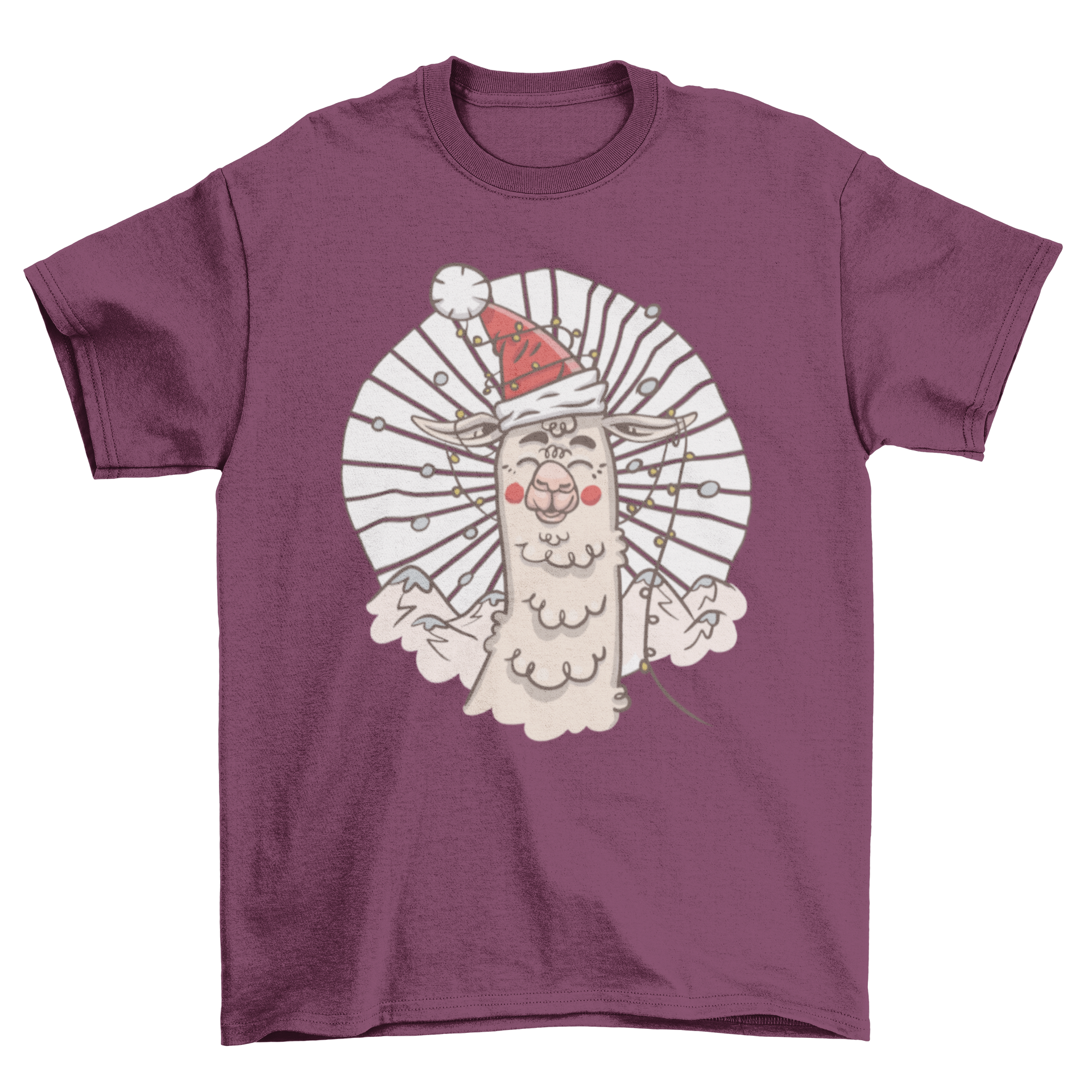 A festive t-shirt featuring a cute llama wearing a Santa hat, perfect for holiday celebrations.