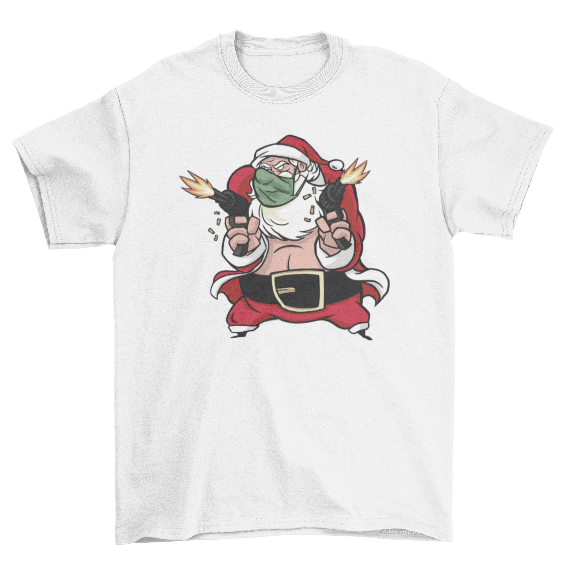 Santa Claus wearing a face mask and holding machine guns on a stylish t-shirt.