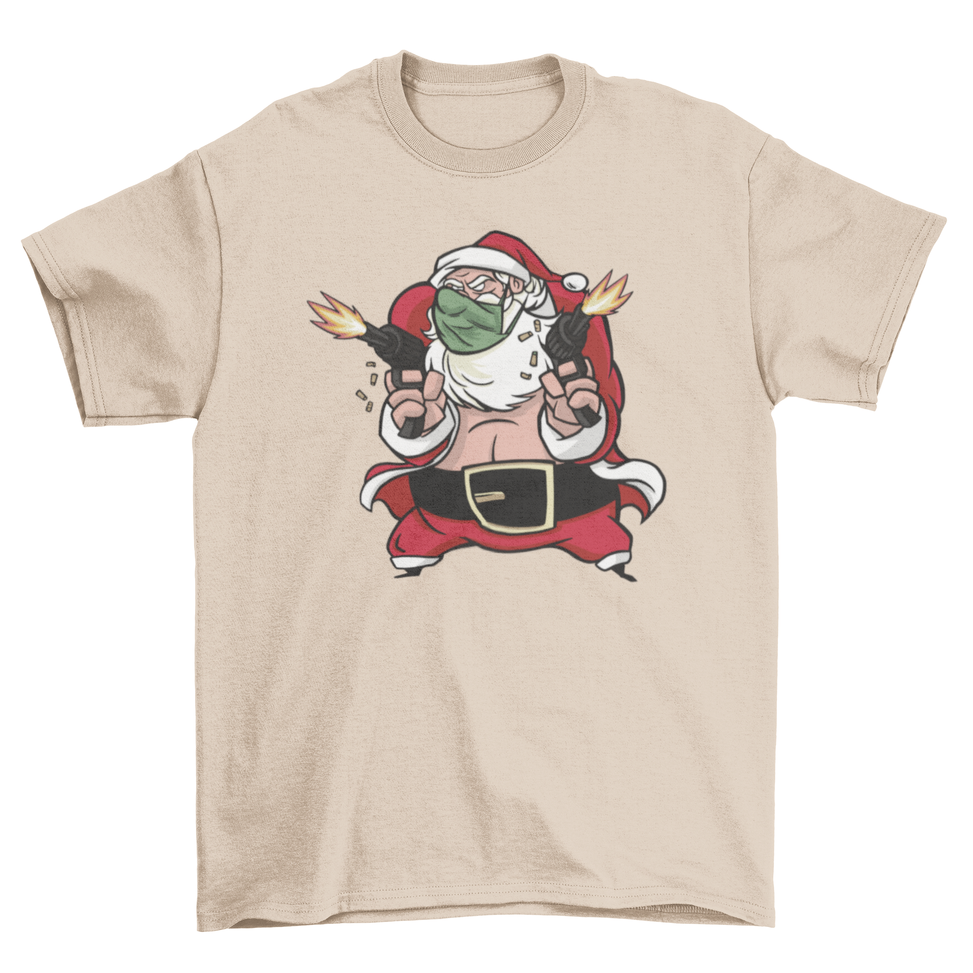 Santa Claus wearing a face mask and holding machine guns on a stylish t-shirt.