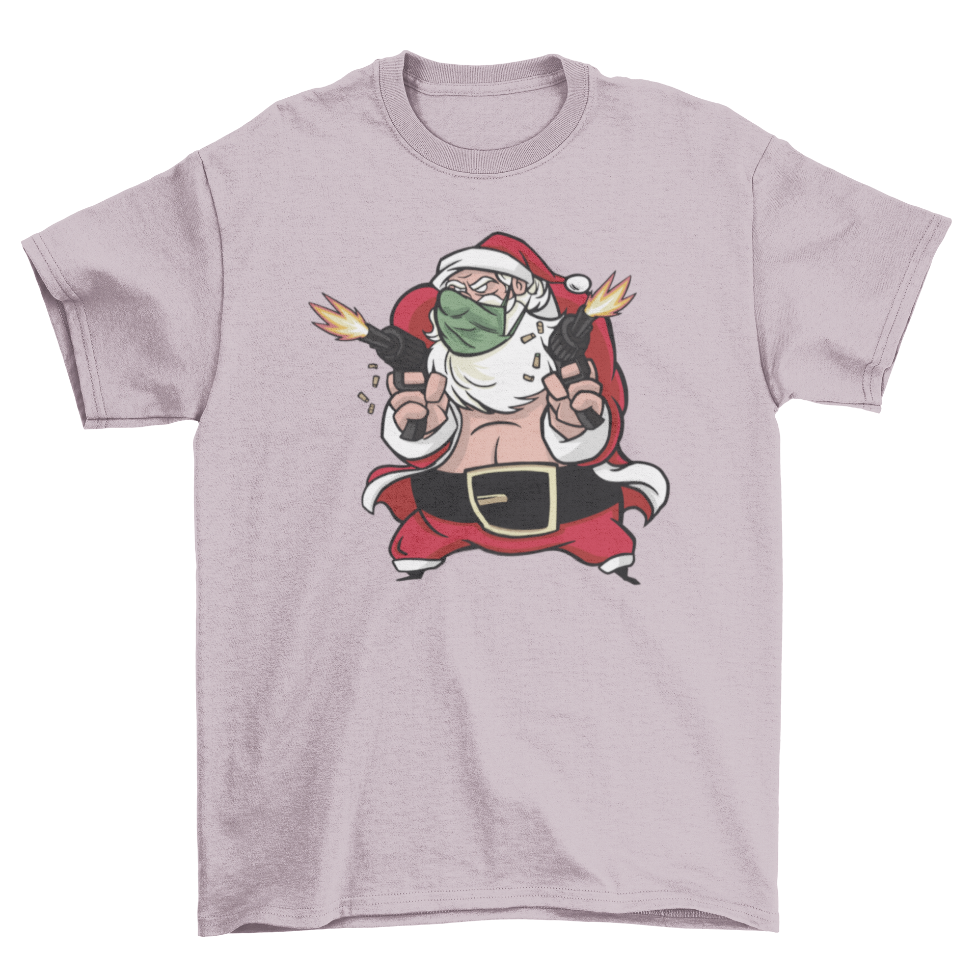 Santa Claus wearing a face mask and holding machine guns on a stylish t-shirt.