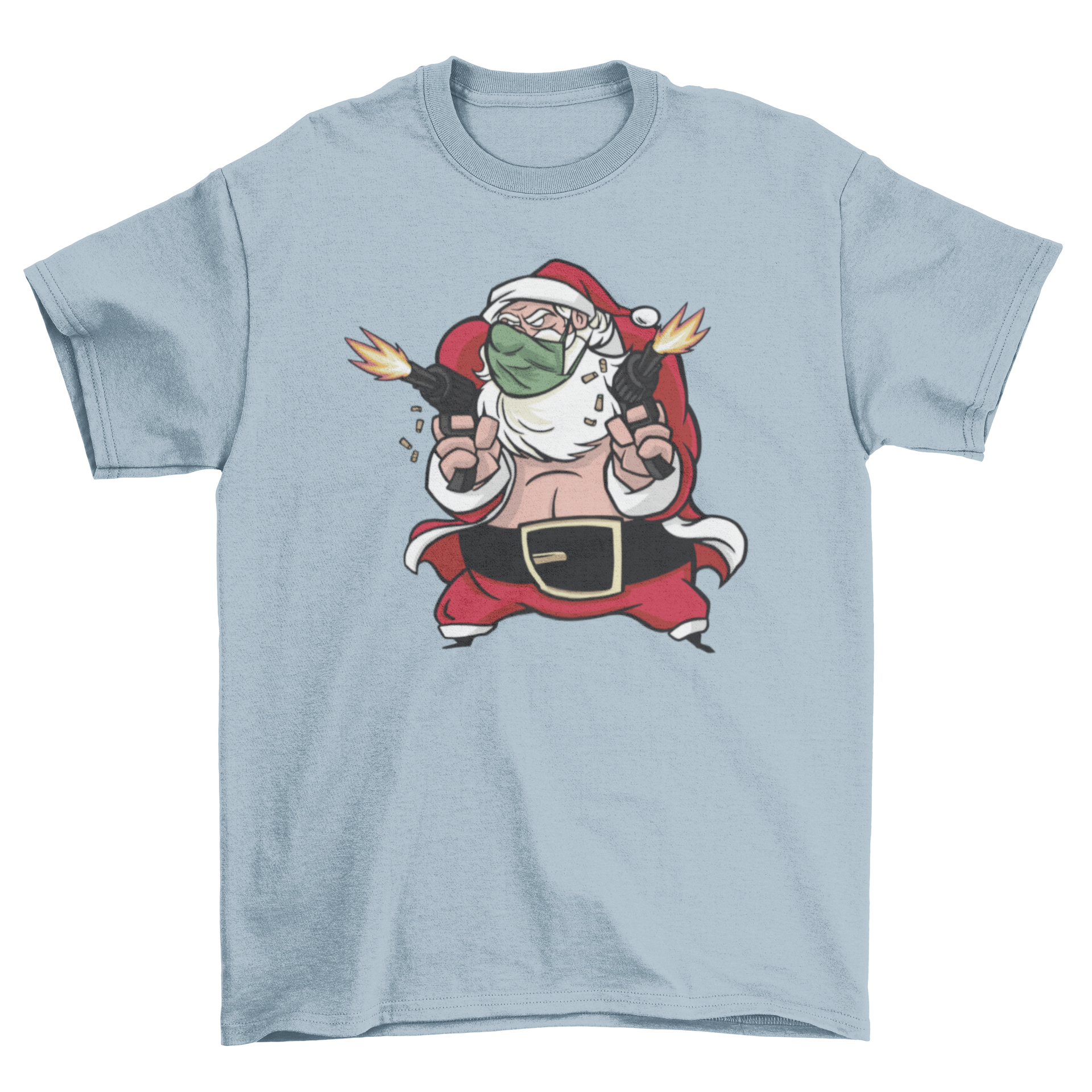 Santa Claus wearing a face mask and holding machine guns on a stylish t-shirt.