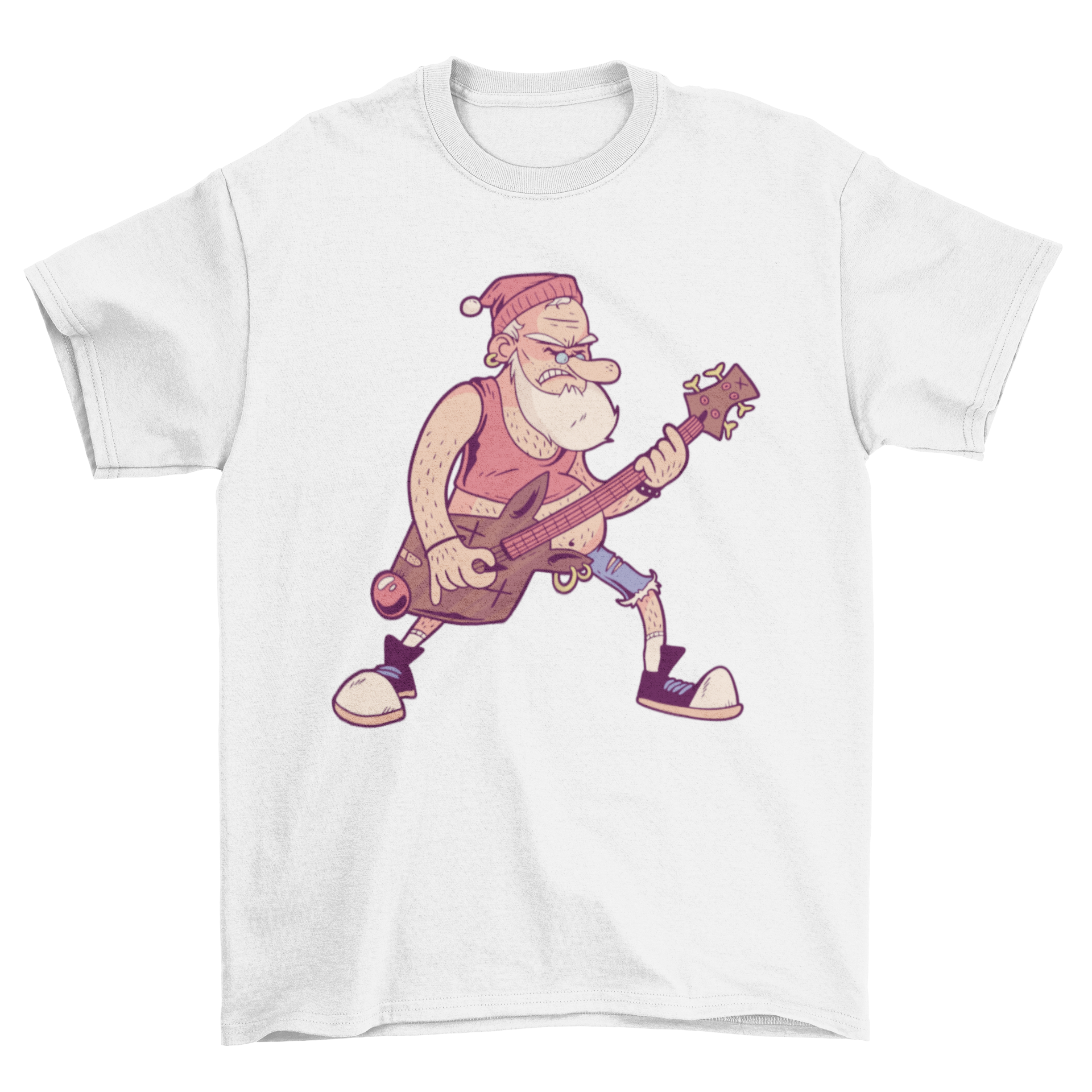 A festive Santa Claus illustration rocking out with a deer guitar on a t-shirt.