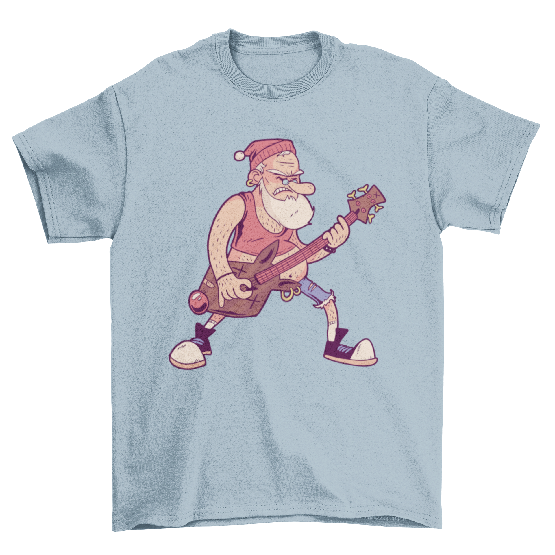 A festive Santa Claus illustration rocking out with a deer guitar on a t-shirt.