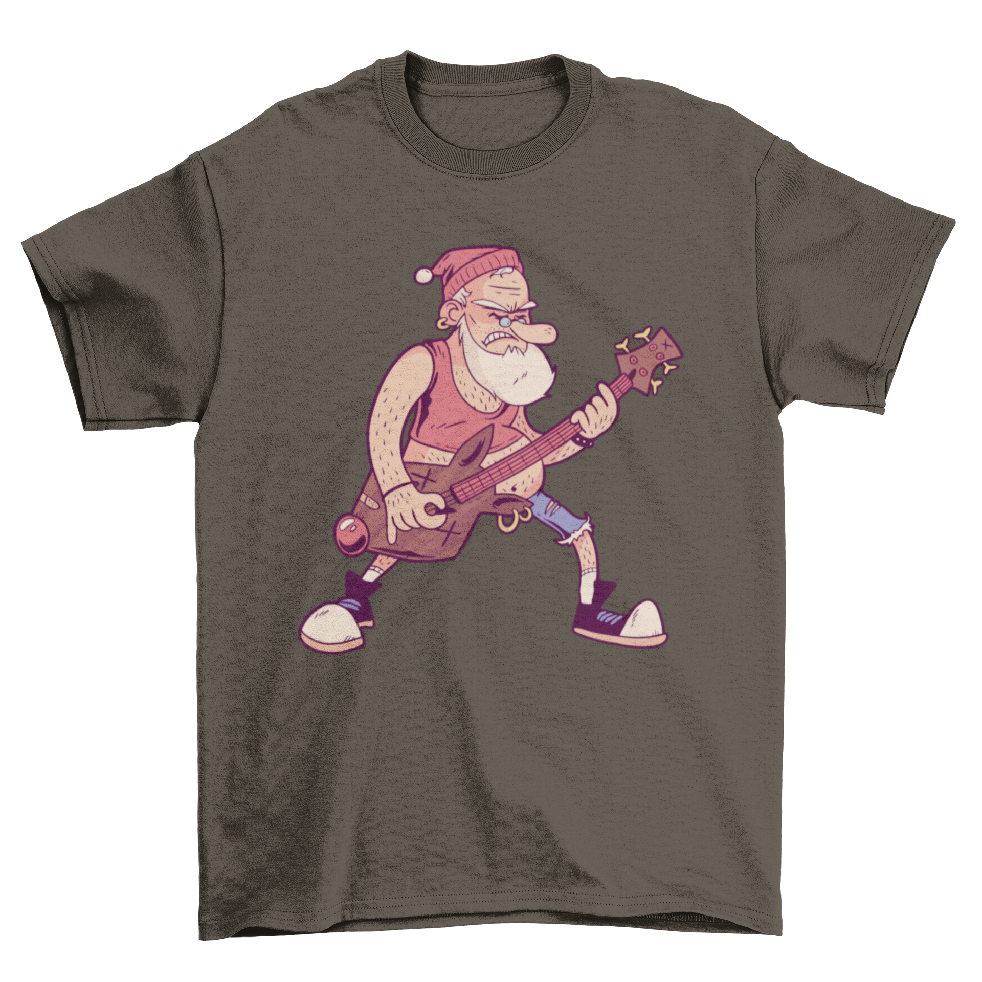 A festive Santa Claus illustration rocking out with a deer guitar on a t-shirt.